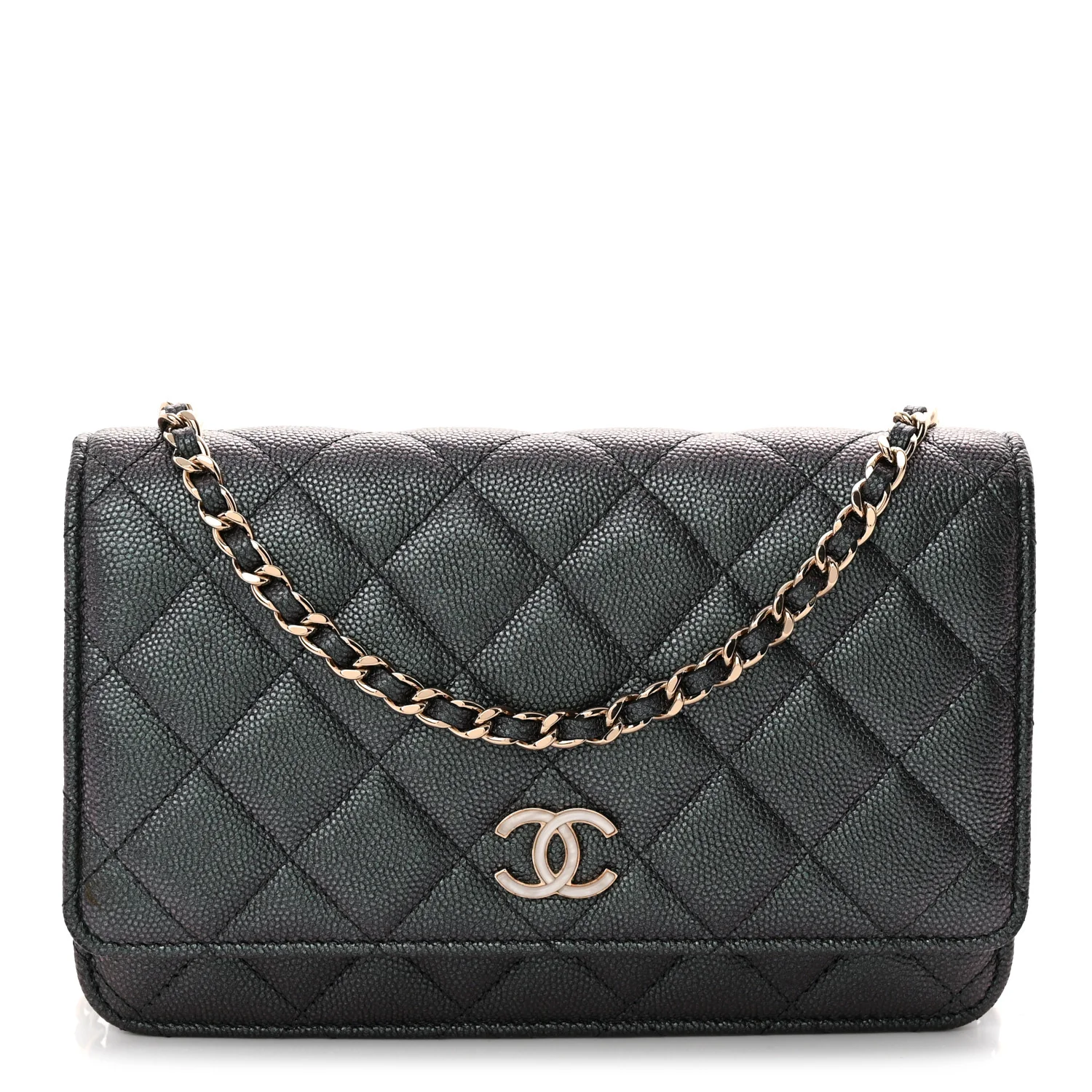 Iridescent Caviar Quilted Wallet on Chain WOC Dark Blue