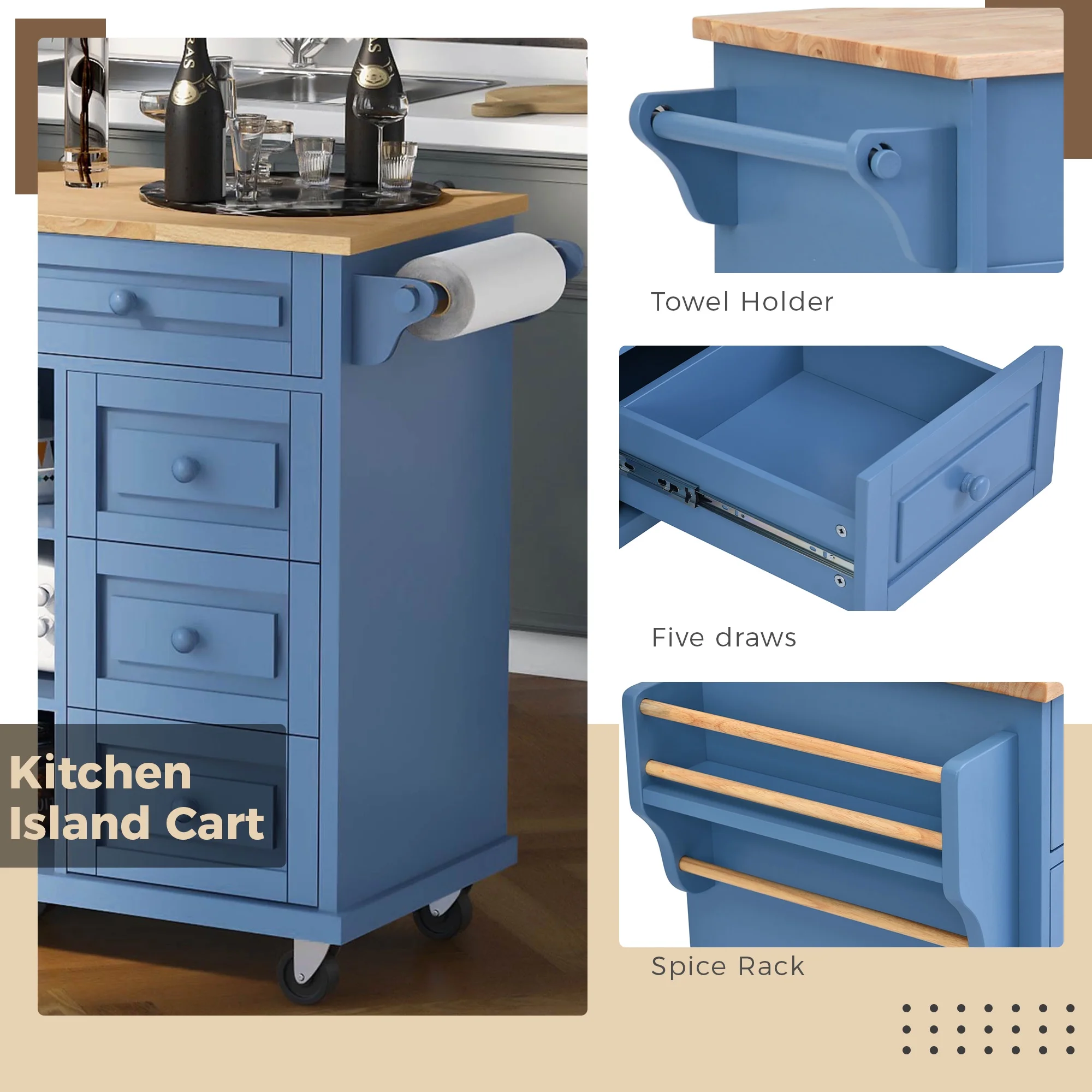 Kitchen cart with Rubber wood desktop rolling mobile kitchen island with storage and 5 draws 53 Inch length (Blue) - Image 5