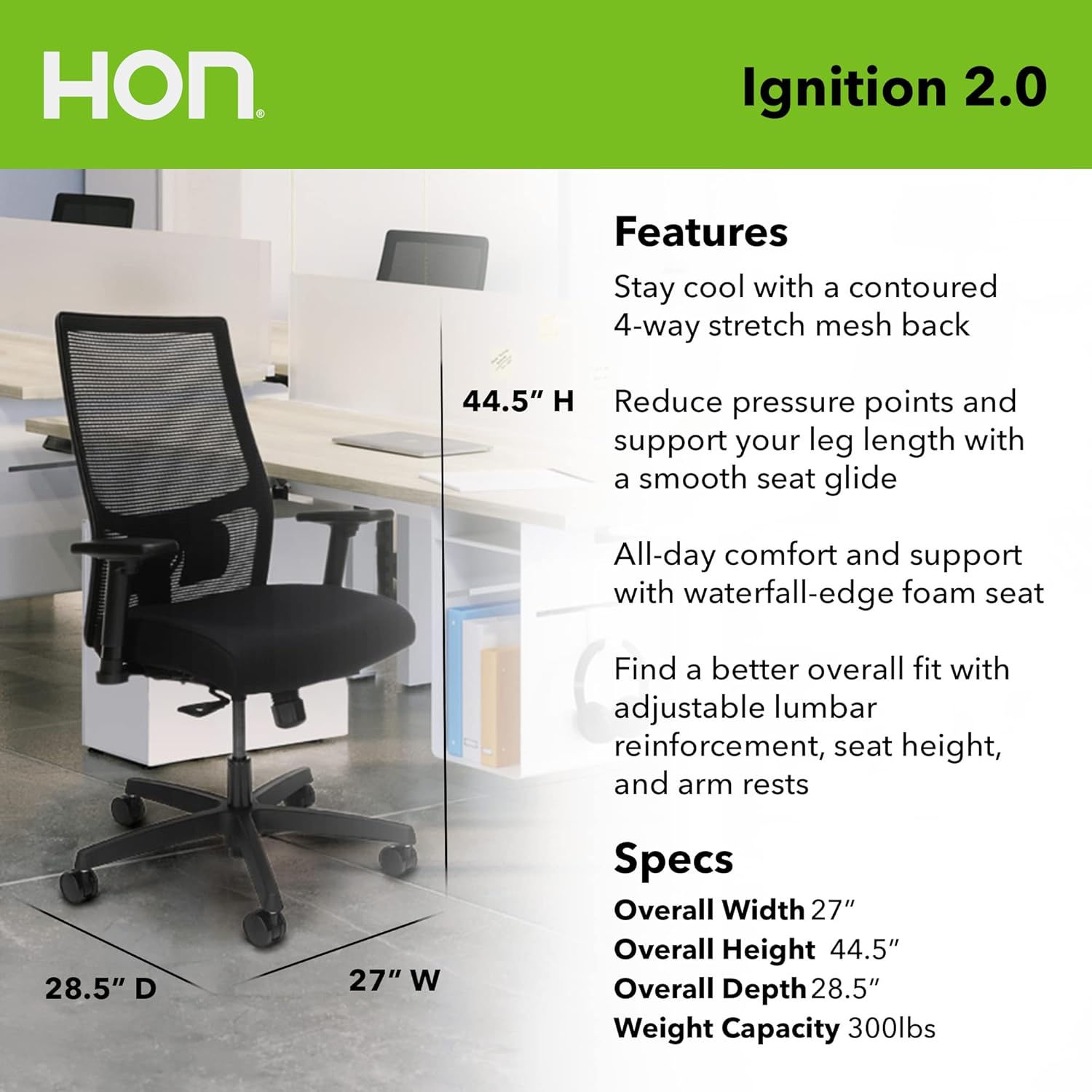 Bundle of HON Office Desk Chair Ignition 2.0 - Ergonomic Desk Chair, Home Office Chairs, Adjustable Lumbar & Armrests, Black + Carpet Chair Mat (36” x 48”)