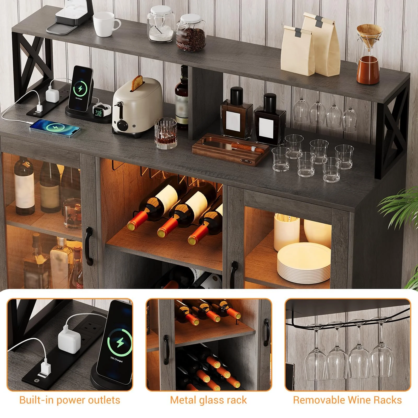 Bar Cabinet for Home, Wine Cabinet with Power Outlets, Led Lights and and Glass Holder, Liquor Cabinet with Storage, Racks for Home, Kitchen(Retro Gray) - Image 8