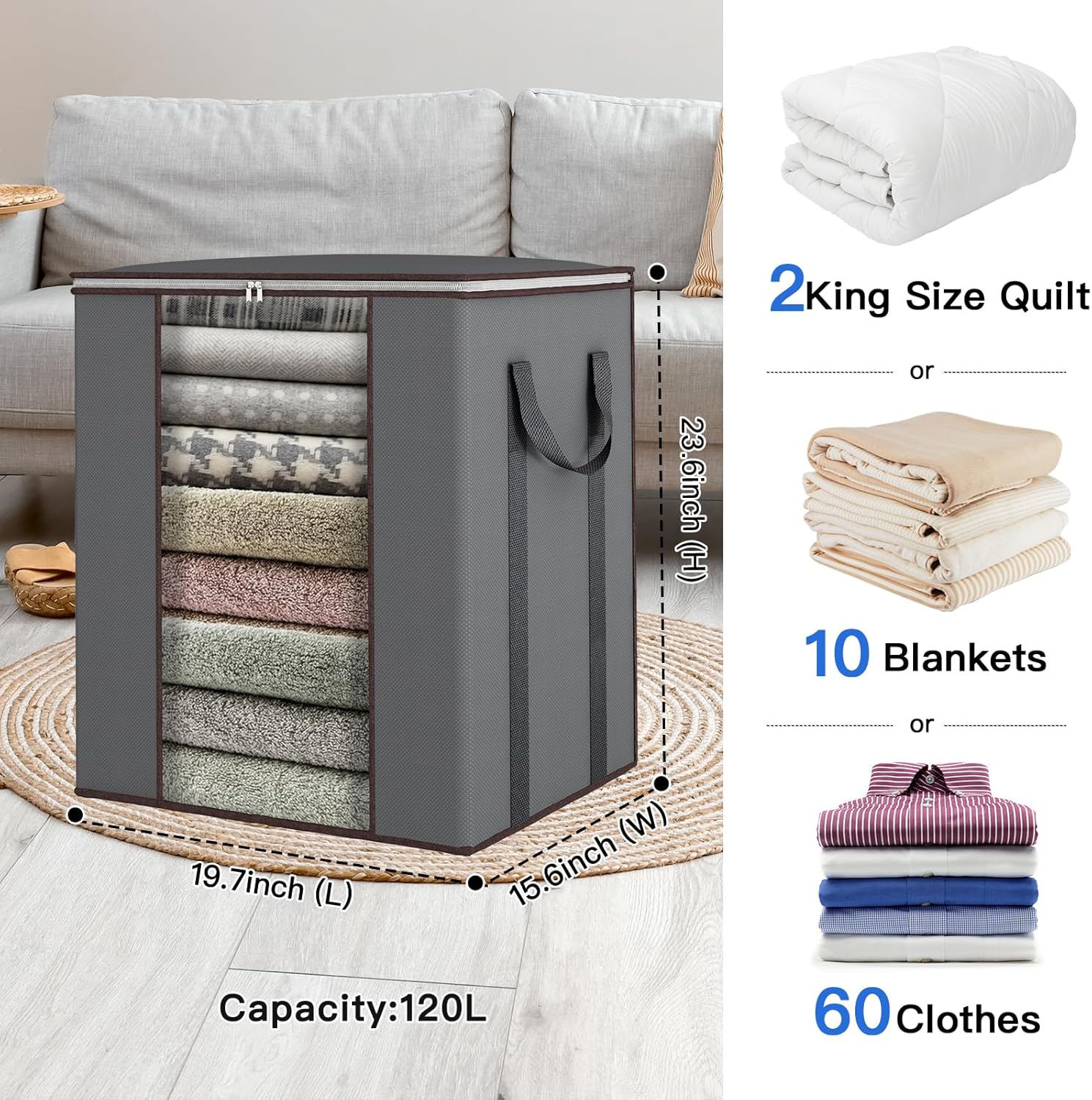 Comforter Storage Bags 120L for Blankets, Clothes, Bedding, Sheets 2 Pack Grey