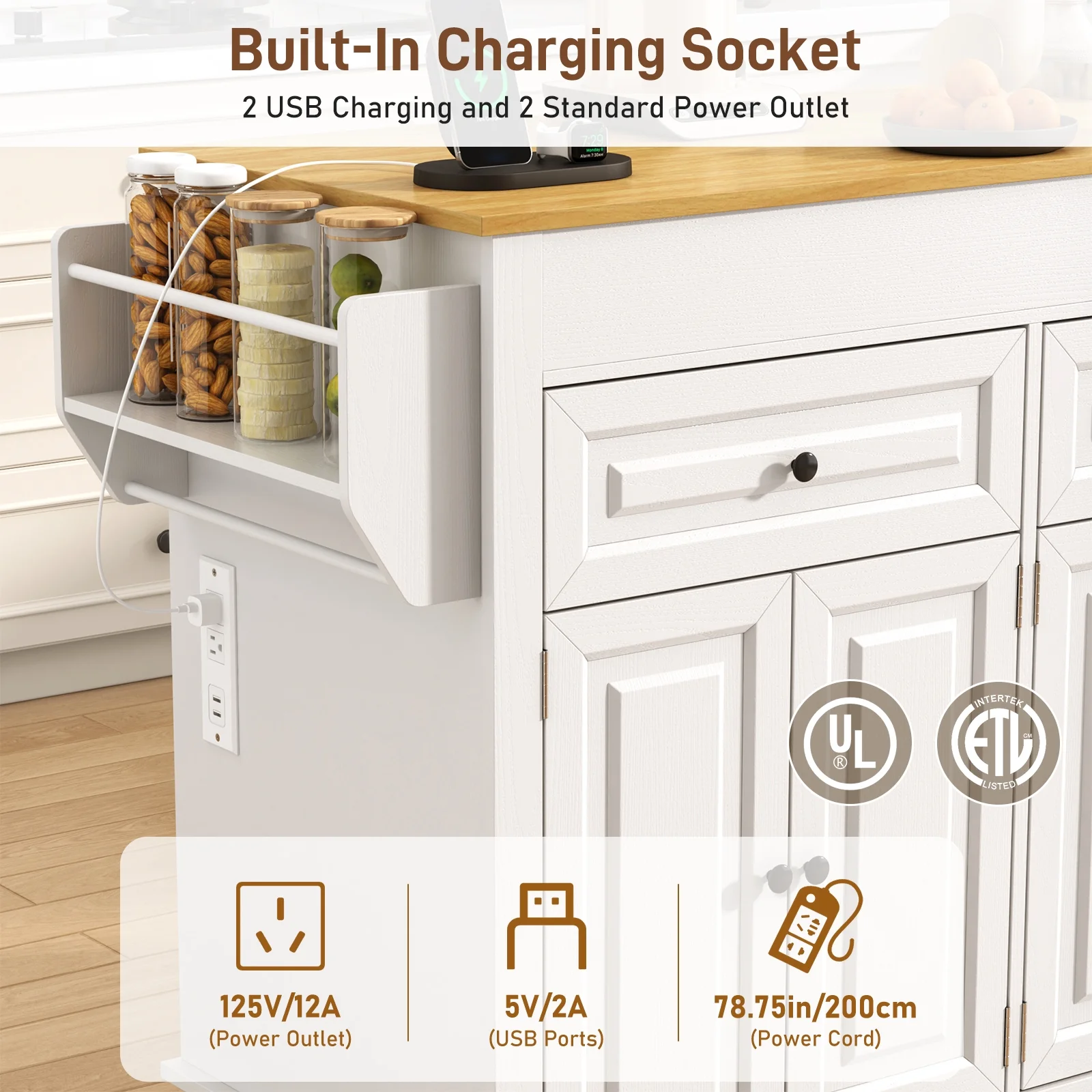 Large Kitchen Island with Extendable Dining Table and Power Outlet, Rolling Kitchen Island Cart on Wheels with 2 Storage Cabinets 2 Drawers 3 Spice Racks, Island Table for Kitchen(Black) - Image 10