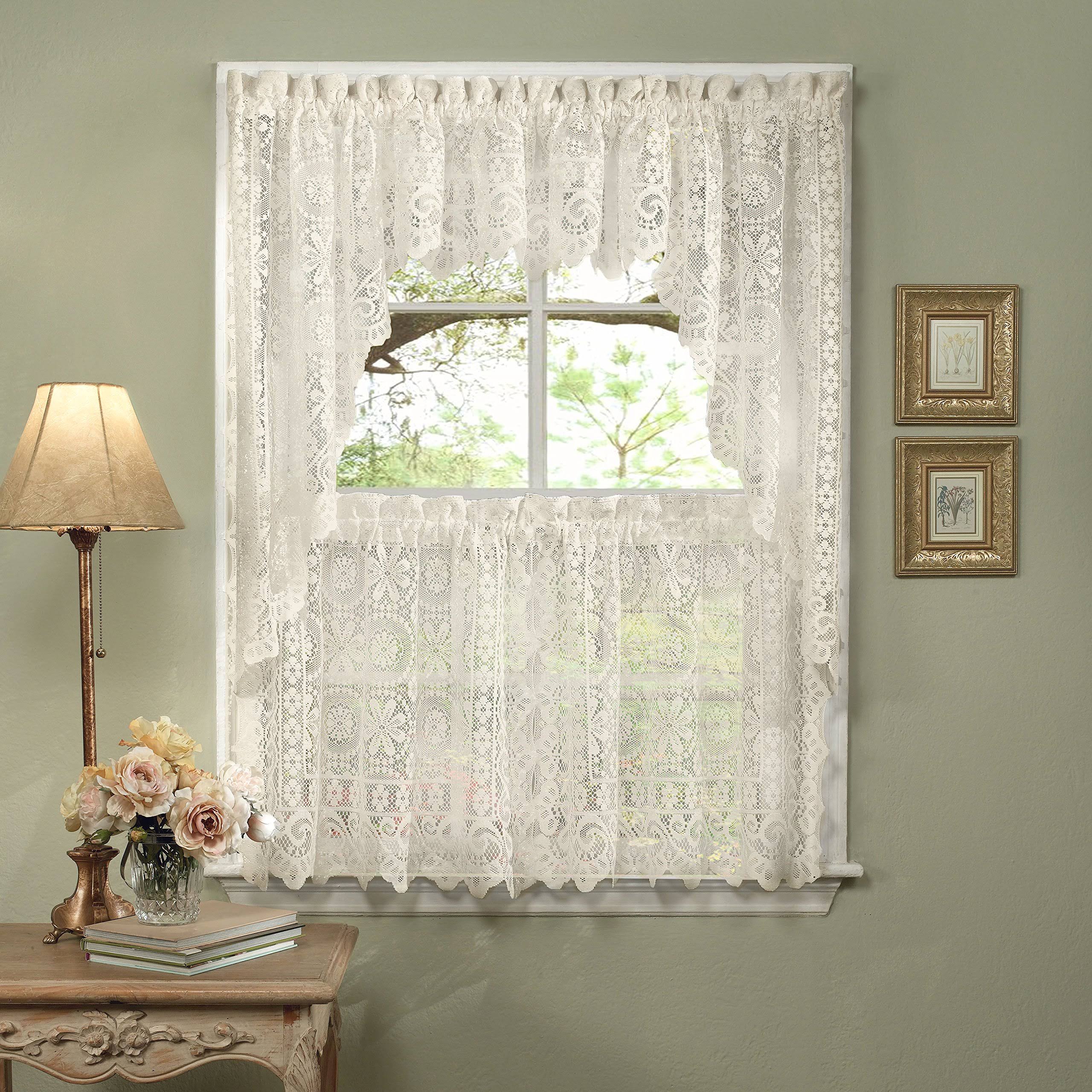 Sweet Home Collection Old World Style Floral Heavy Lace Kitchen Curtain Swag Pair, 36