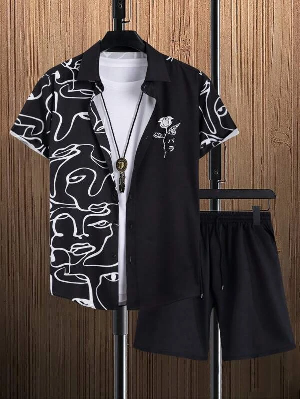 Ensemble chemise à manches courtes à imprimé hawaïen pour homme Suitmens 009