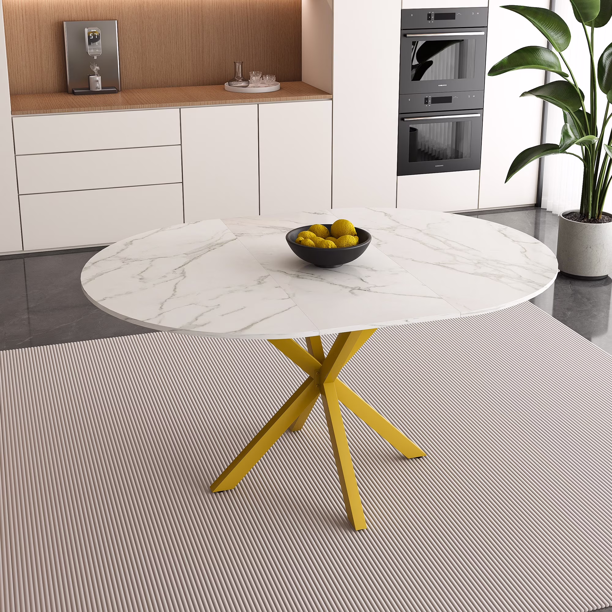 UHOMEPRO Extendable Dining Table with Extendable Blades, Modern Round Kitchen Table with Faux Marble Tabletop, Single Dining Room Table with Carbon Steel X - Shaped Base for Dining Room, White+Gold