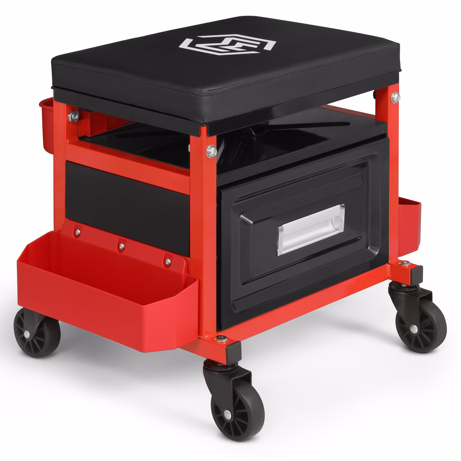 M-AUTO Adjustable Rectangular Roller Tool Box Padded Chair with Storage Tool Tray & Cabinet, 350 lbs Capacity with Casters - Red
