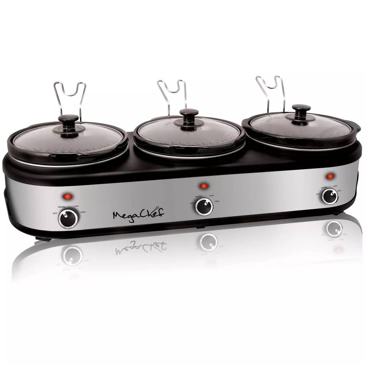 MegaChef Triple 2.5 Qt. Slow Cooker and Buffet Server, Black/Brushed Silver