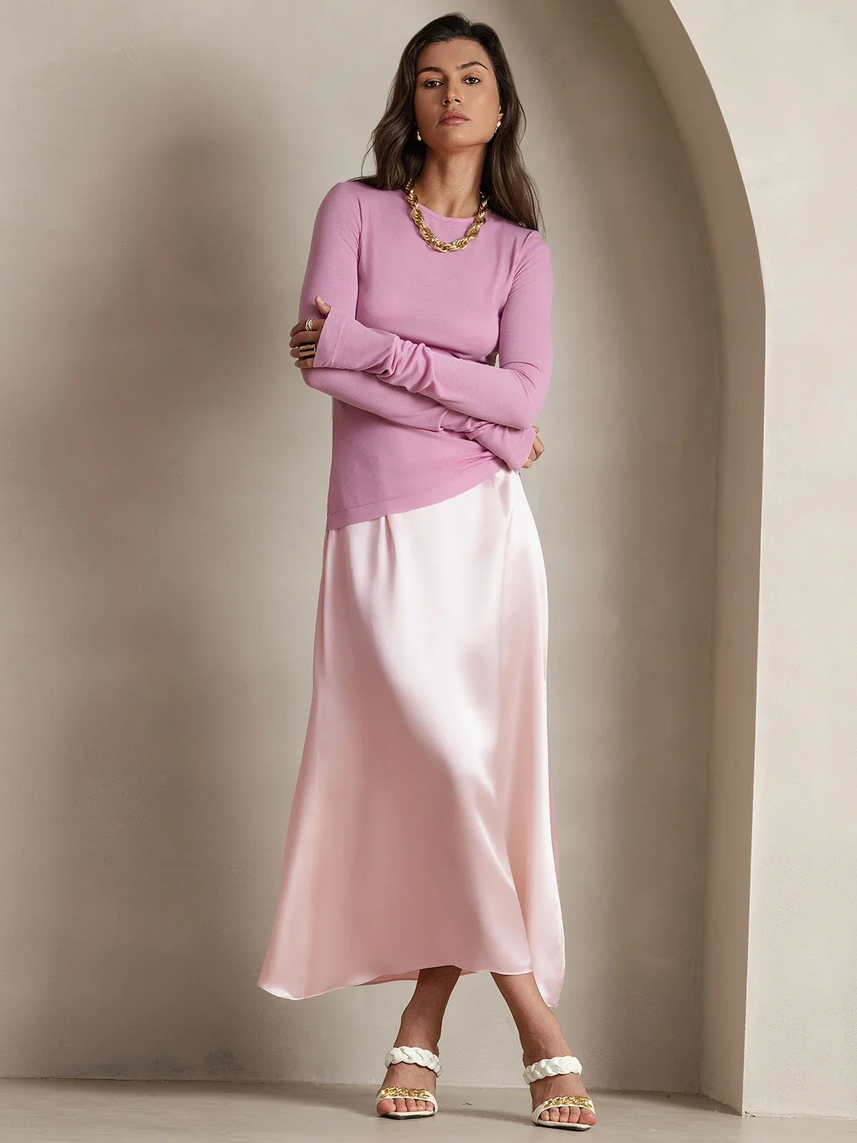 19Momme Silk A Line Maxi Skirt with Zipper Design