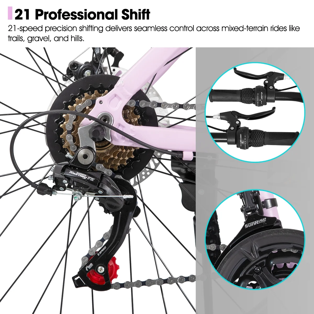 26 Inch Mountain Bike, Mens and Womens Aluminum Frame MTB with 21 Speeds, Dis Brake, Hardtail Bicycle for Adults(Purple/26") Image 6