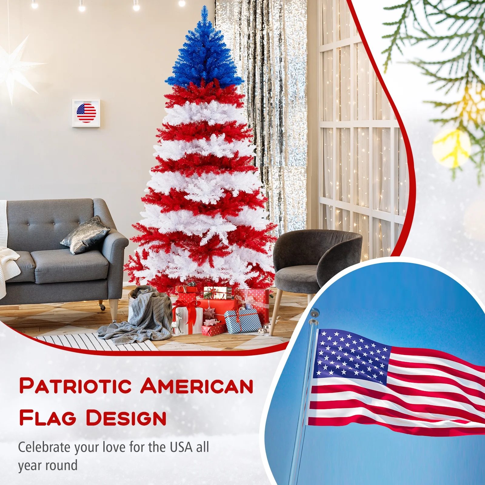 7.5 FT Patriotic Pre-Lit Artificial Christmas Tree with 1341 Branch Tips 480 Lights - Image 7