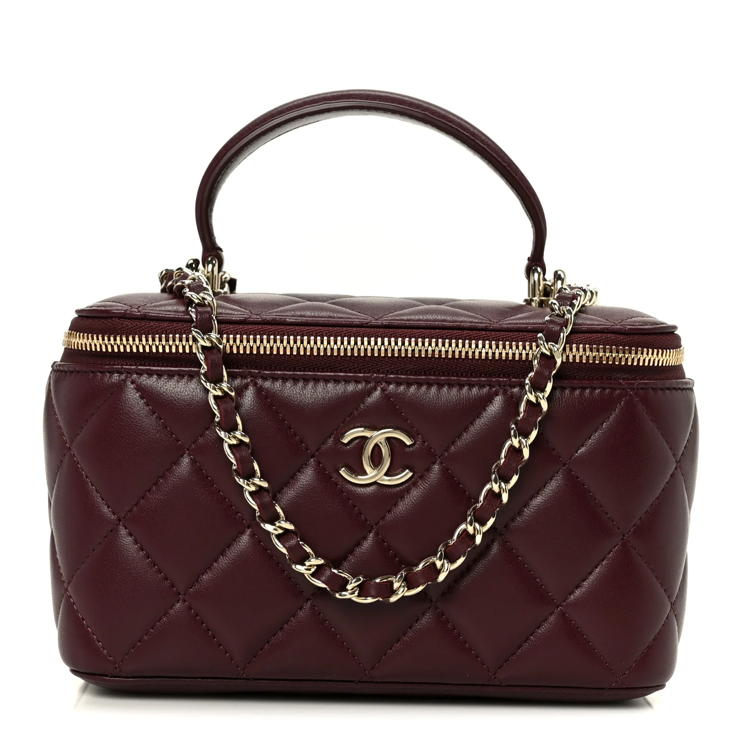 Lambskin Quilted Small Top Handle Vanity Case With Chain Burgundy