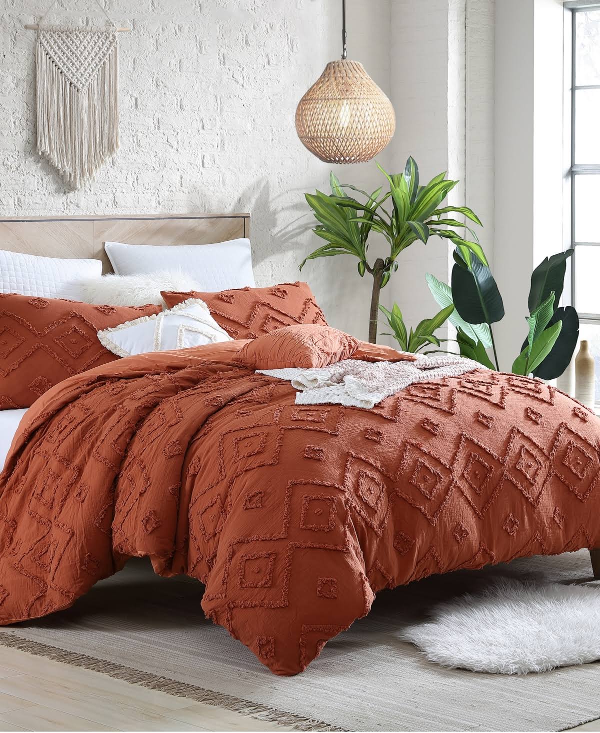 Swift Home Rukai 100% Cotton Clipped Diamond Jacquard 5-Piece Bedding Comforter Set Rust - Full - Queen