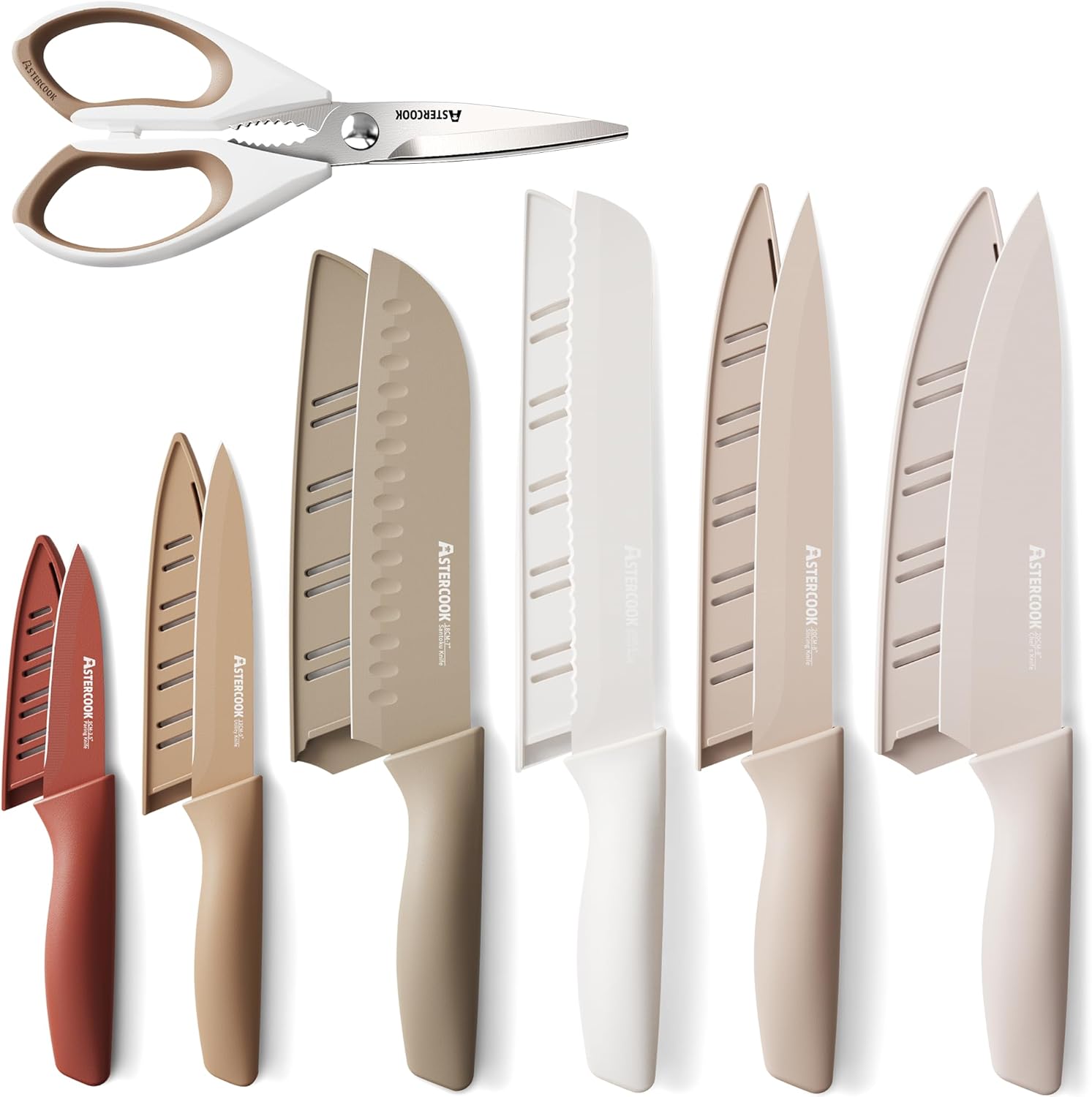 Astercook Knife Set, 13 Pieces Kitchen Knives Set with Healthy Anti-Rust Coating, Dishwasher Safe, Stainless Steel Chef Knife Sets with 6 Blade Guards, Father's Day Gift for Men