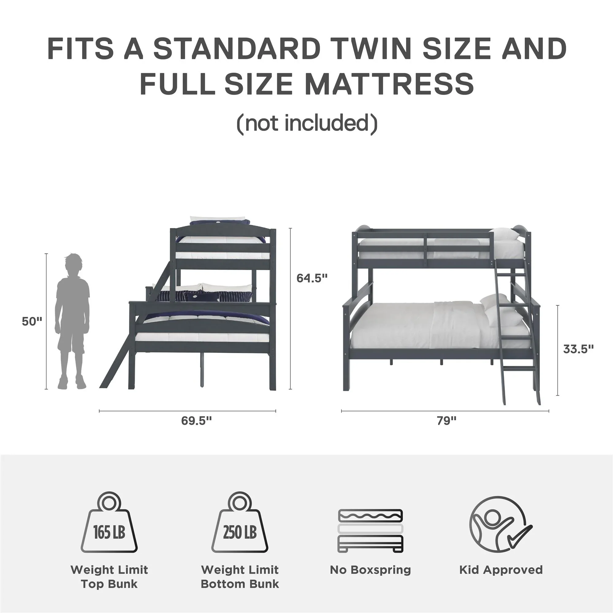 Better Homes & Gardens Leighton Kids' Convertible Twin-Over-Full Bunk Bed, Gray
