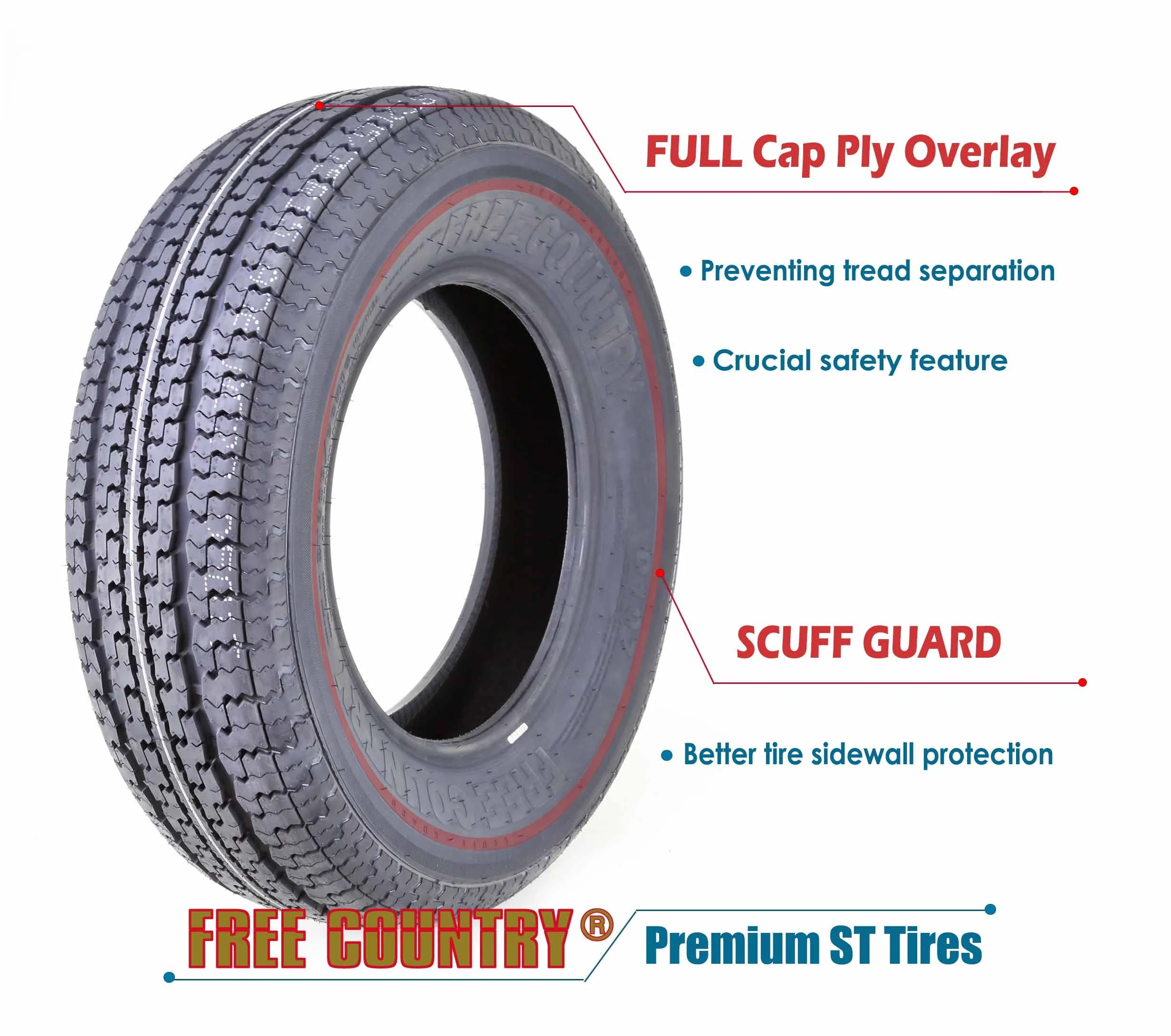 Free Country Trailer Tires ST 205/75R15 8 Ply /Load Range D W/Scuff Guard, Set 4