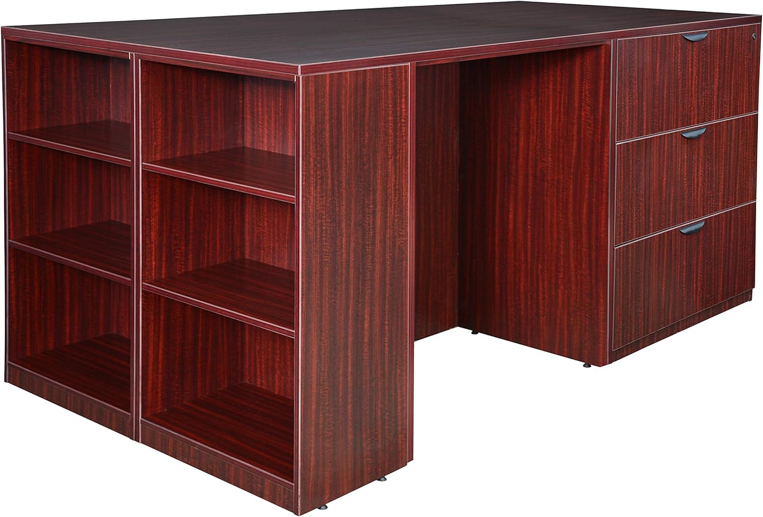 Regency Legacy Stand Up Lateral File/ 3 Desk Quad with Bookcase End- Mahogany