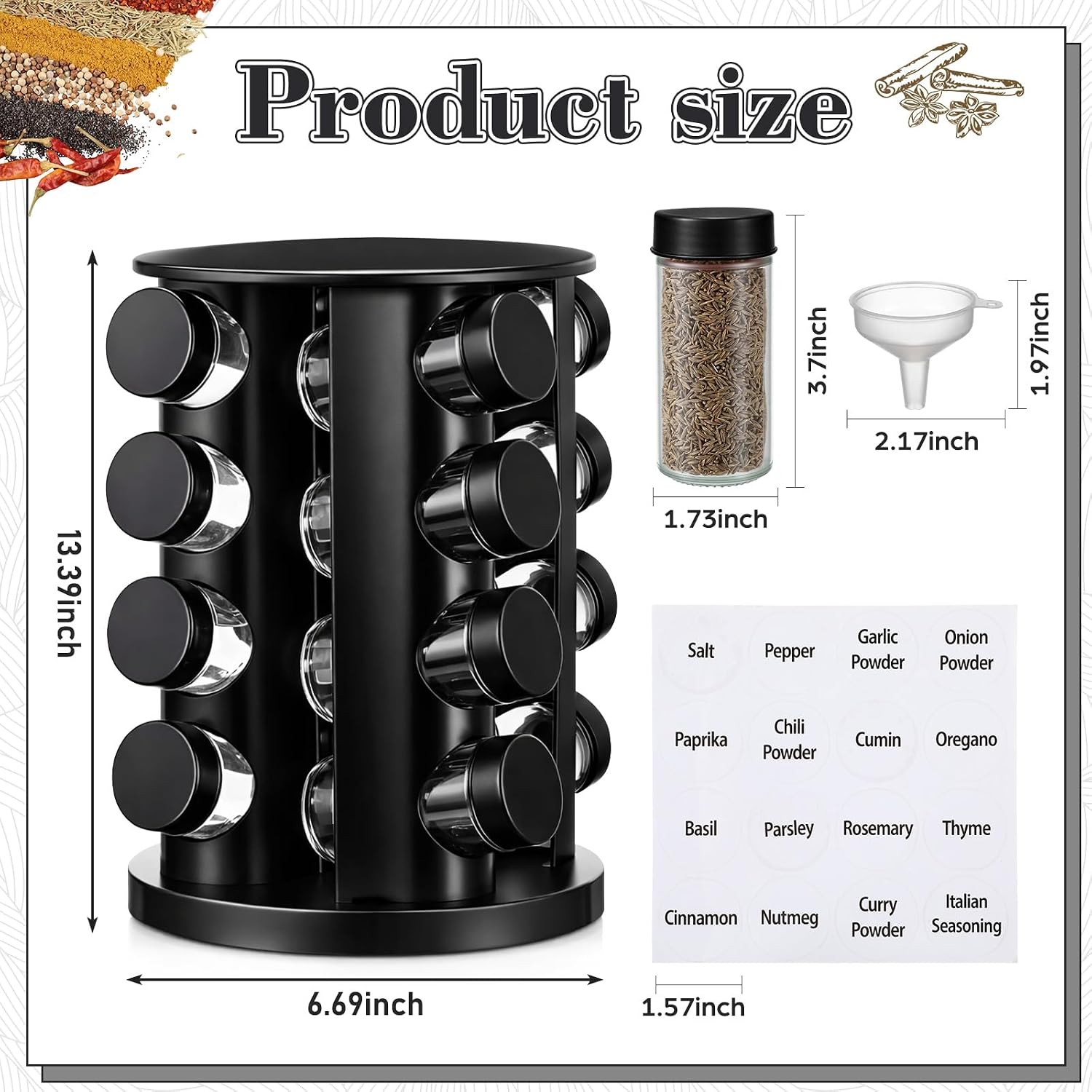 Yungyan Black Rotating Spice Rack with 16 Empty Jars and Labels