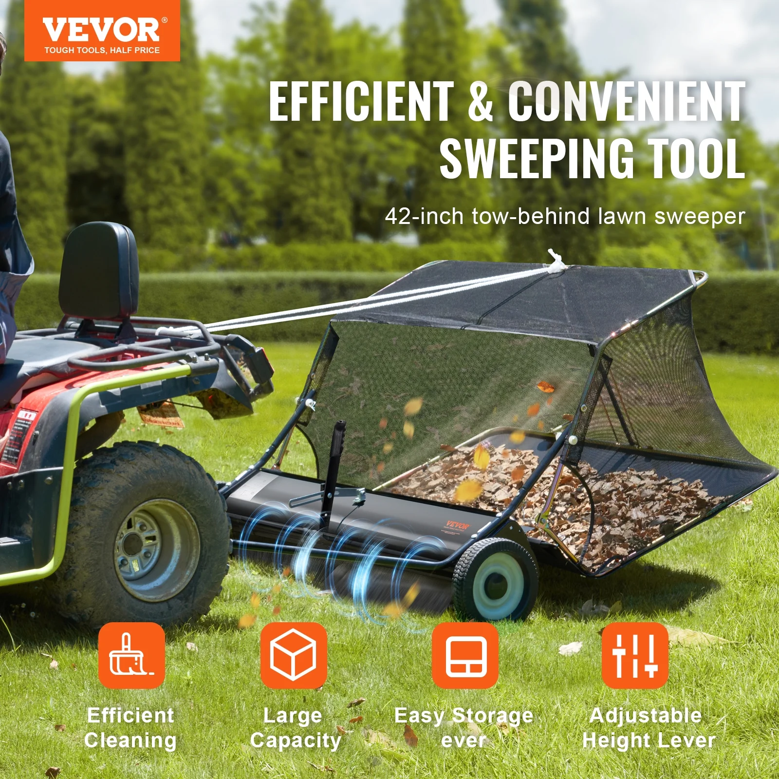 VEVOR 42 - Inch Lawn Sweeper Tow Behind, 12 Cu.ft. Large Pull Behind Grass Sweeper, Heavy Duty Leaf & Grass Collector with Dumping Rope Design, Adjustable Sweeping Height for Picking up Debris & Grass