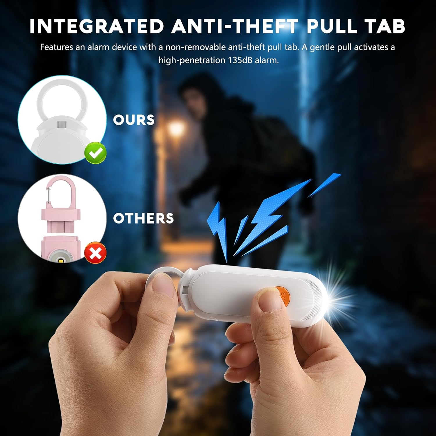 Personal Safety Alarm for Women – 135dB Loud Siren & Strobe Light, Anti-Loss Locking Pin, Rechargeable USB-C, Keychain Design, Works with Apple Find My, for Women/Kids/Seniors – Black