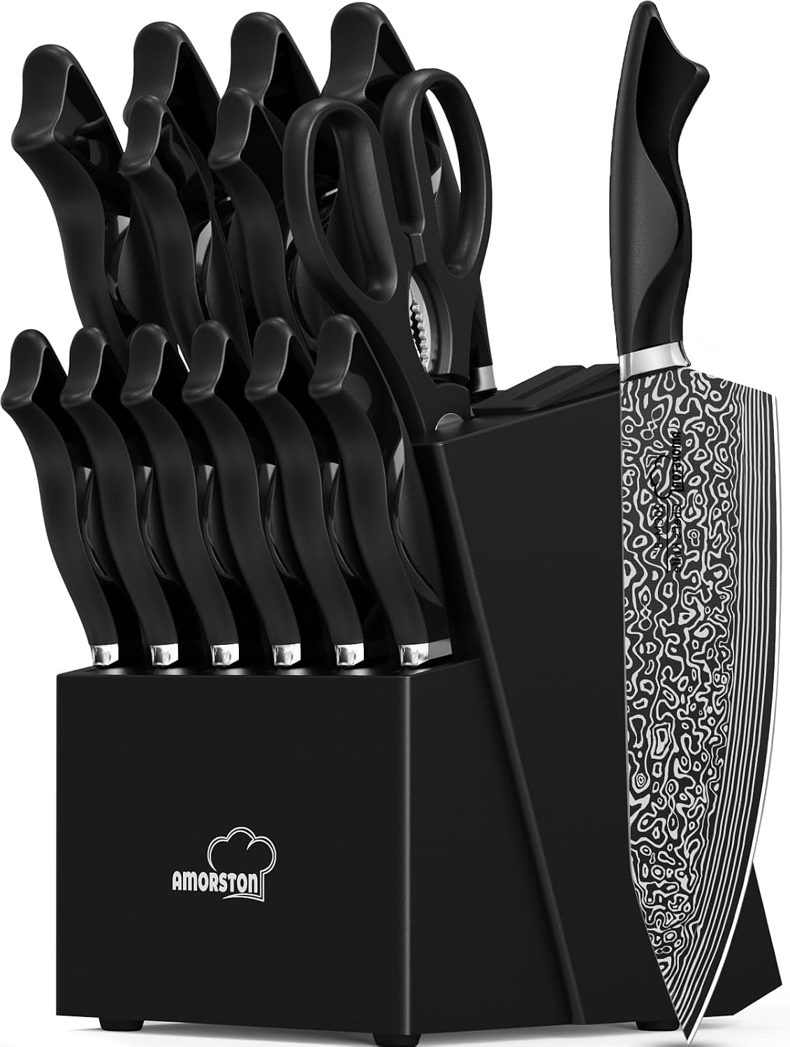 Knife Set, 15 Pieces Kitchen Knife Set with Built-in Sharpener, High Carbon German Stainless Steel Knife Block Set, Dishwasher Safe, Father's Day Gift for Men