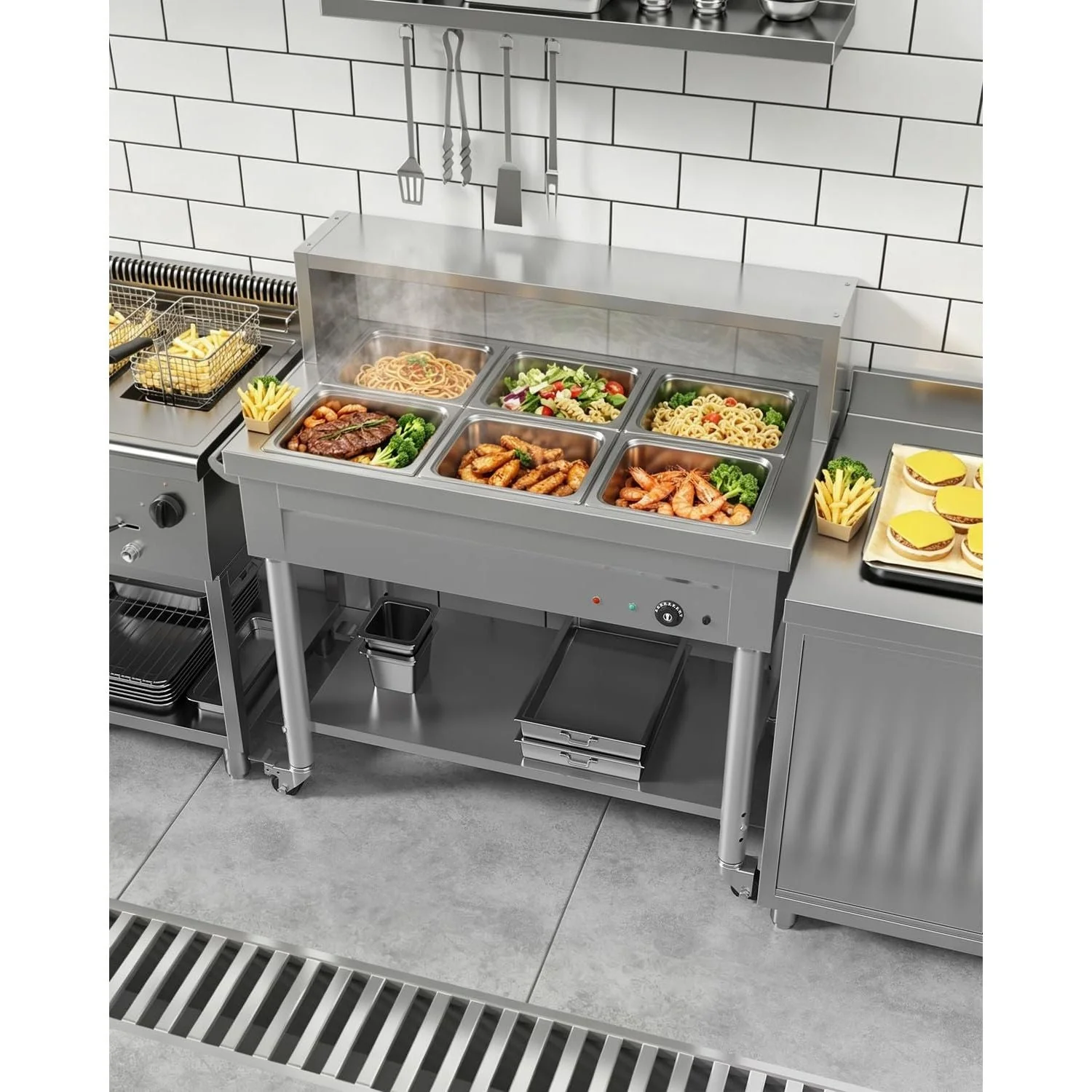 AECOJOY Commercial Food Warmer 1500W Electric Steam Table with 6x10QT Pans & Shelf