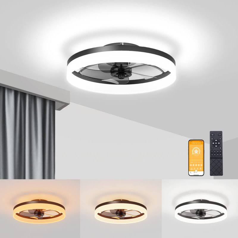 VOLISUN Low Profile Ceiling Fans with Lights and Remote, 19.7in Fandelier Ceiling Fan Flush Mount, 3000K-6500K Smart Bladeless LED Fan Light, White