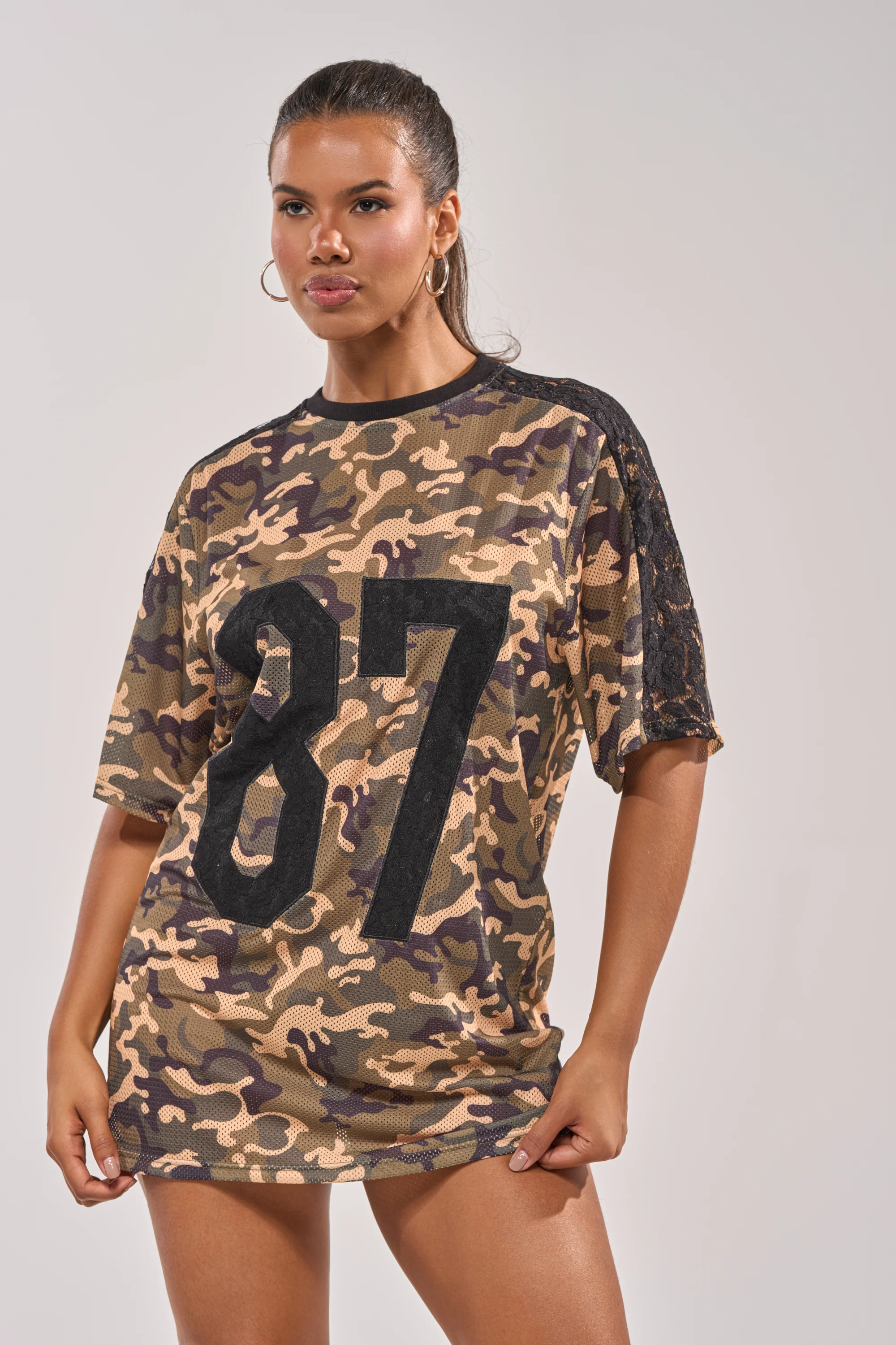 POPPIN POPPYS LACE JERSEY MINI DRESS IN CAMO - Akira Store