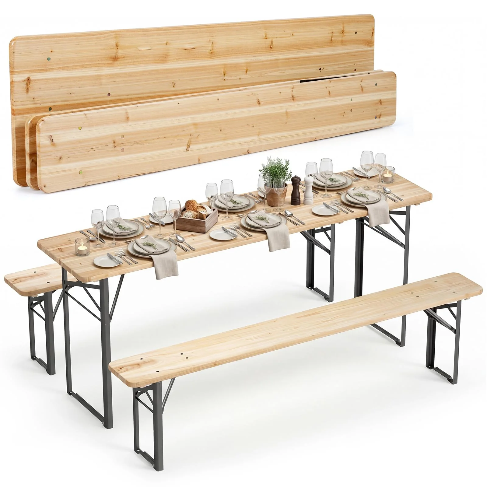 Tangkula Inch 3-Piece Folding Picnic Table with Benches for 6 Fir Wood Portable Bear Camping Table