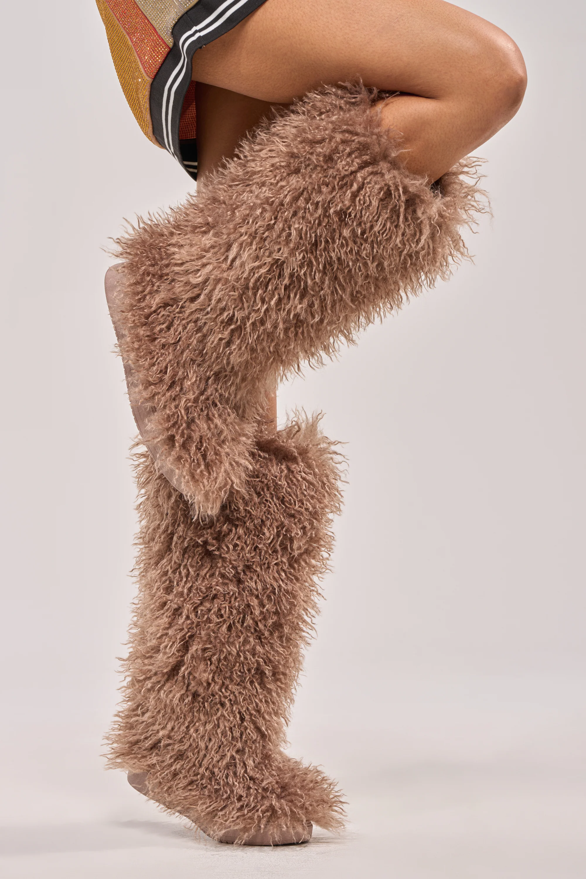 AZALEA WANG DENTON TAUPE KNEE HIGH FLAT FUR BOOT - Akira Store