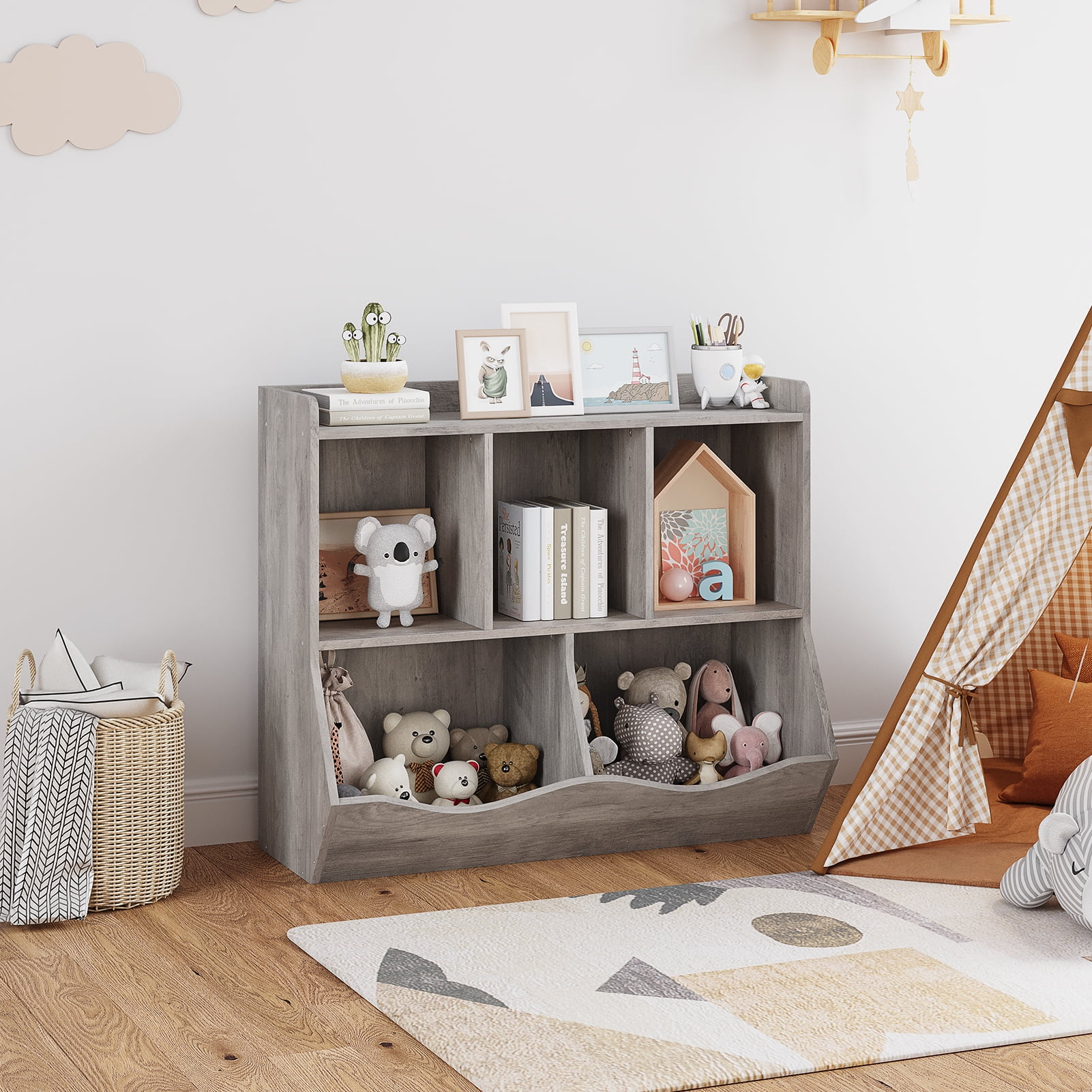 Kids Bookshelf and Bookcase Toy Storage Multi Shelf with Cubby Organizer Cabinet for Boys Girls,for Children Playroom Hallway Kindergarten School (White)(grey) - Image 9