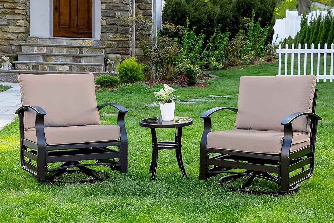 ALAULM 3 Piece Patio Outdoor Aluminum Metal Swivel Rocking Chair with 1 Coffee Table and 2 Khaki Padded Cushions Outdoor Metal Swivel Rocking Chair Furniture Conversation Set for Porch Garden