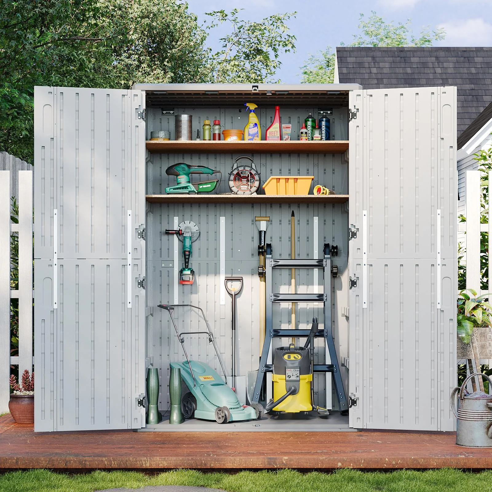 Outdoor Storage Shed, 64 Cu.Ft Vertical Storage Sheds Outdoor with Floor, Outdoor Waterproof Storage Cabinet for Garage Storage, Pool Storage, Bike Shed, Garden Shed, Outdoor Storage(White)(64 Cu.Ft) - Image 4