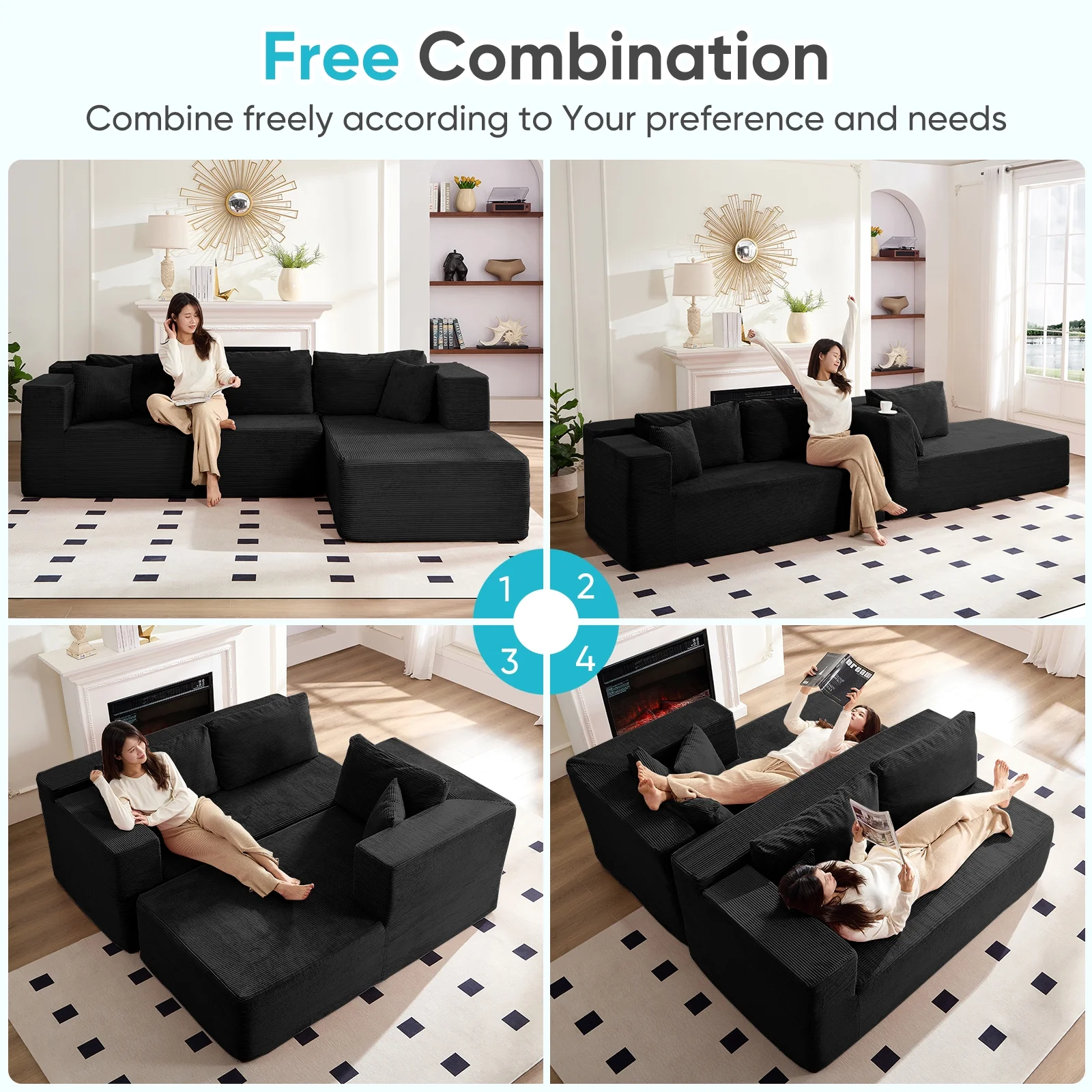 106" Cloud Sectional Couch with Chaise, No Assembly Required L Shaped Sleeper Sofa, Oversized Deep Seat Modular Couches and Sofas for Living Room Right, Black(Right Chaise/Black) Image 9