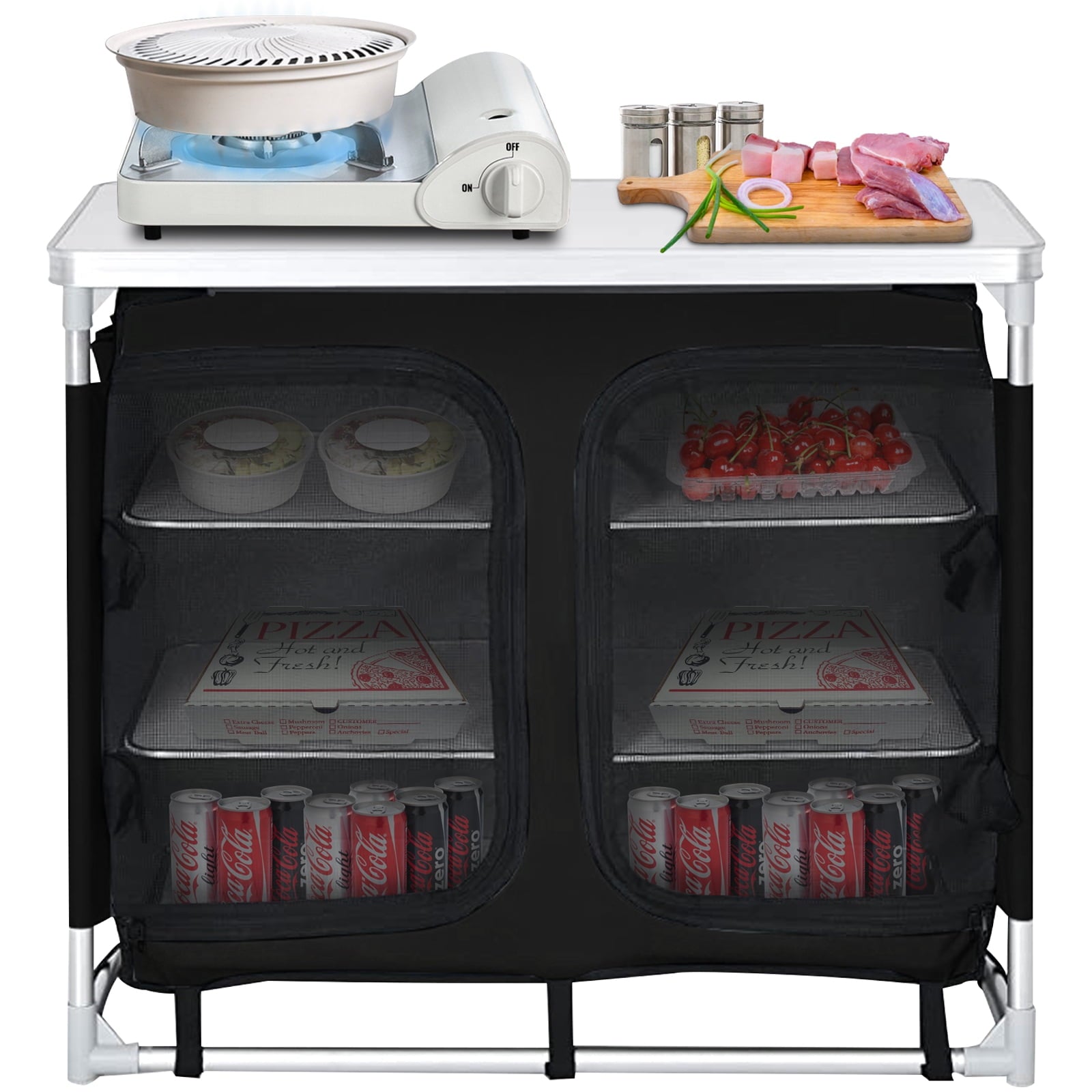 Camping Kitchen Station. Aluminum Portable Folding Cook Table with Storage Organizer and Carrying Bag. Quick Installation for Outdoor BBQ Party Backyards and Tailgating. Black