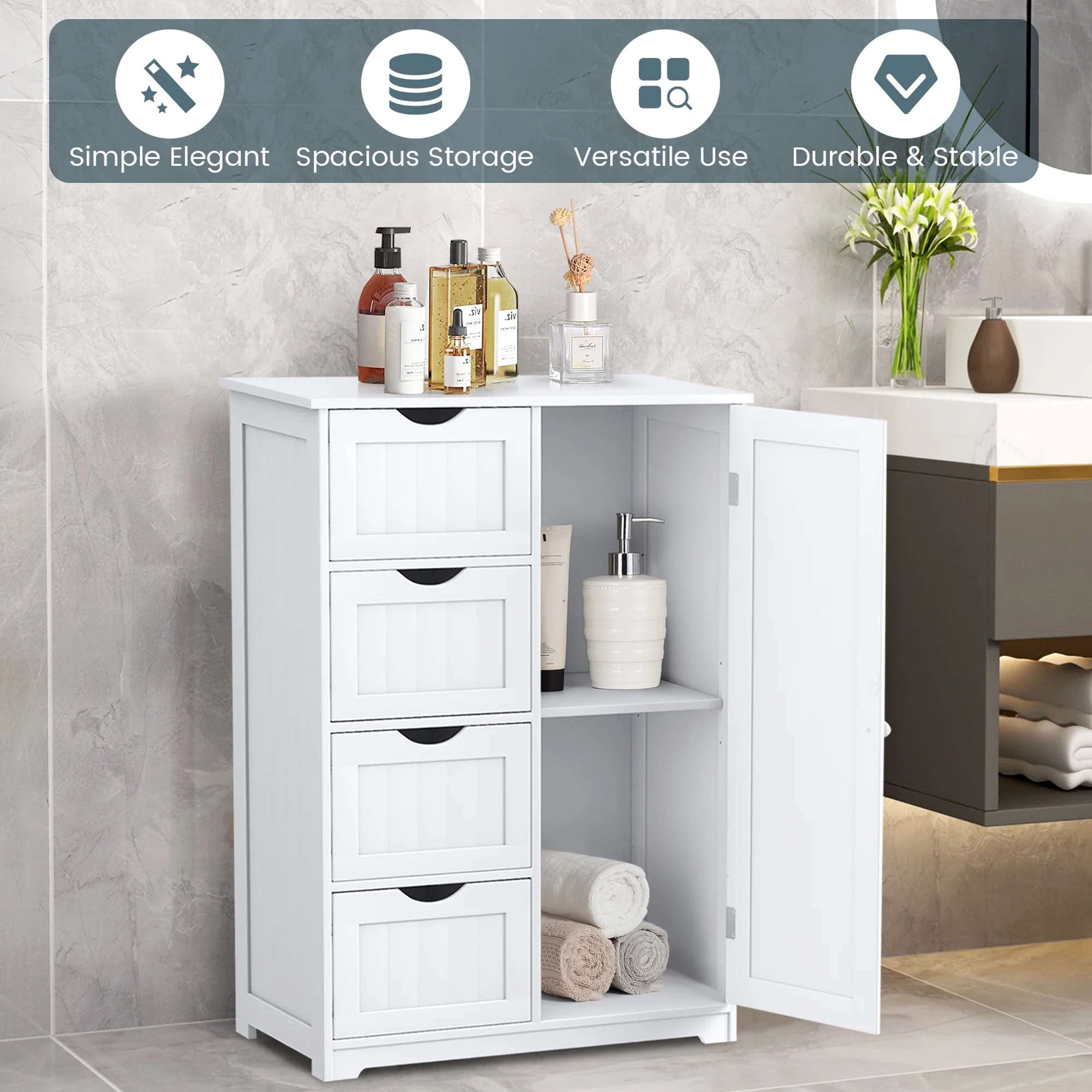 Bathroom Storage Wooden 4 Drawer Cabinet Cupboard 2 Shelves Free Standing White(White) - Image 2