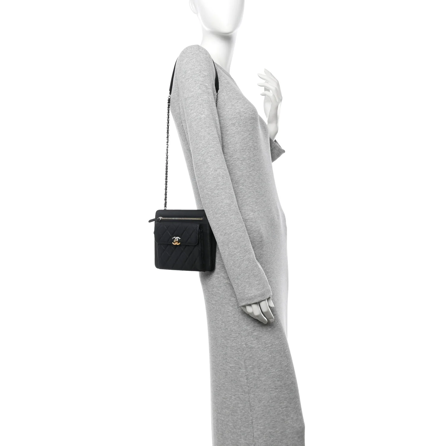 Lambskin Quilted Square Front Pocket Clutch With Chain Black