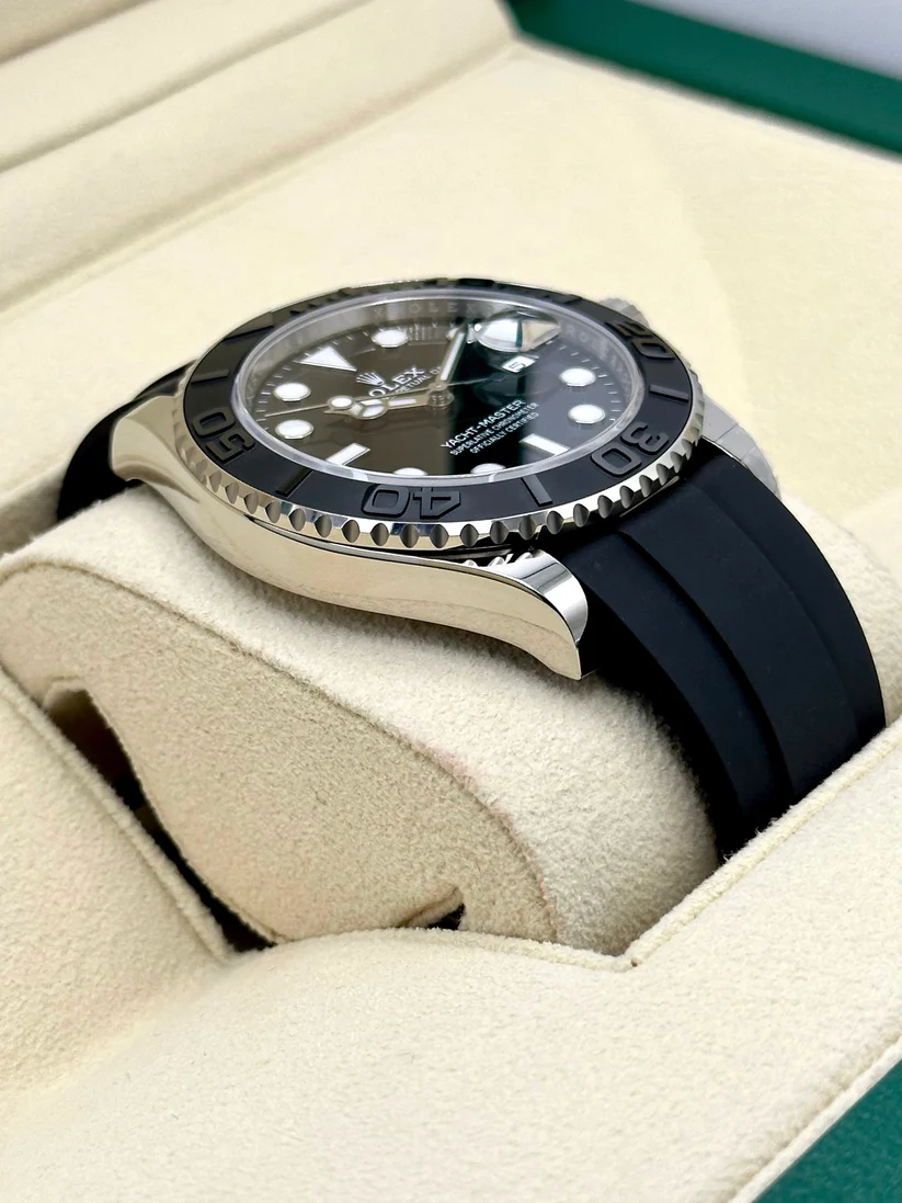 [Super Clone]RLX White Gold Yacht-Master 42mm Watch - Black Dial - Rubber Strap (Ref # 226659)