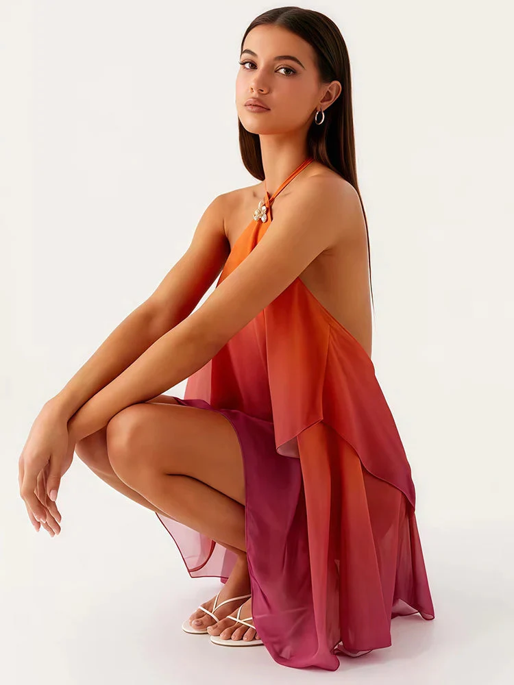 Robe courte à volants dégradé rose