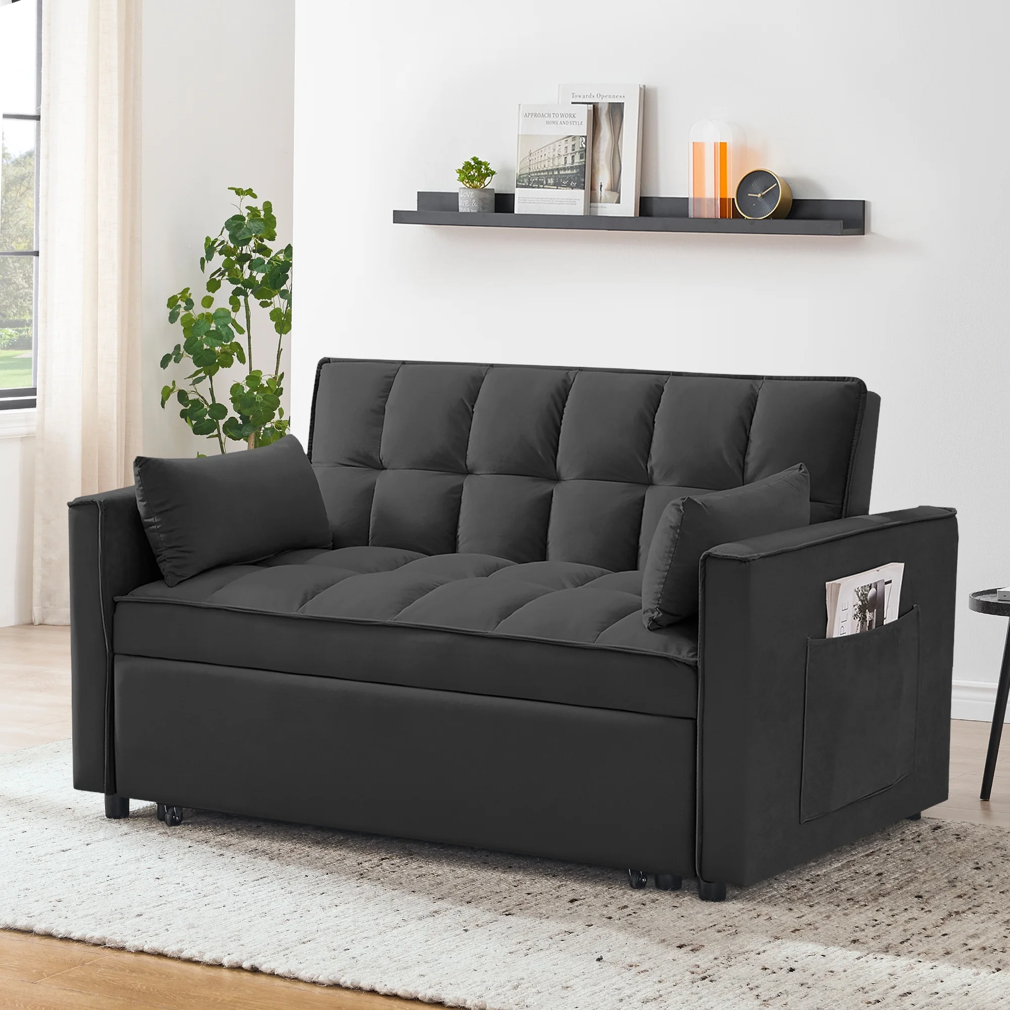 55 Inch Convertible Futon Sofa Bed,Modern Loveseat Sleeper Sofa Couch with Pull-Out Sofa Bed for Living Room,Small Space Black(Black02) - Image 6