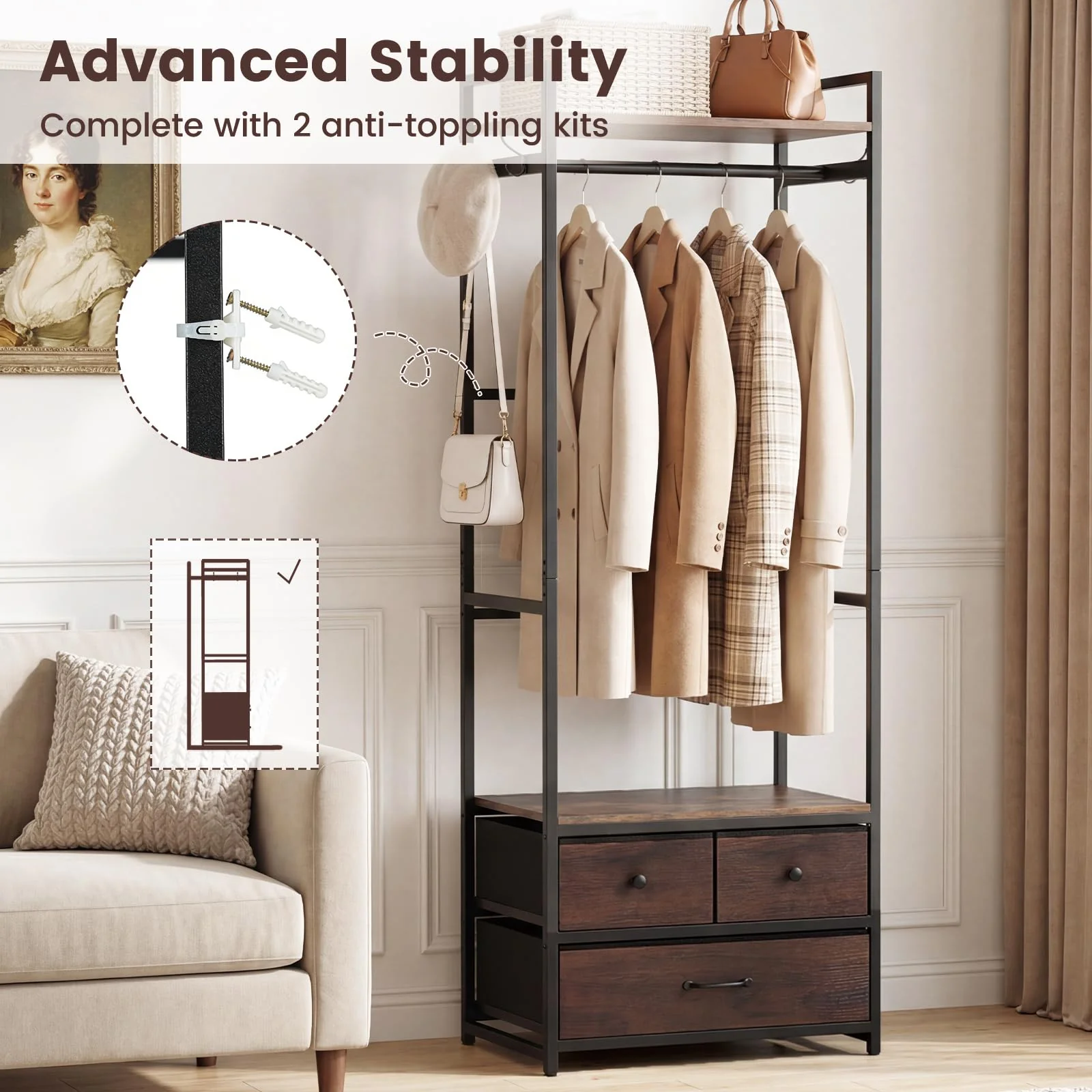 Tangkula Freestanding Small Clothes Rack | Heavy Duty Coat Rack with Drawers