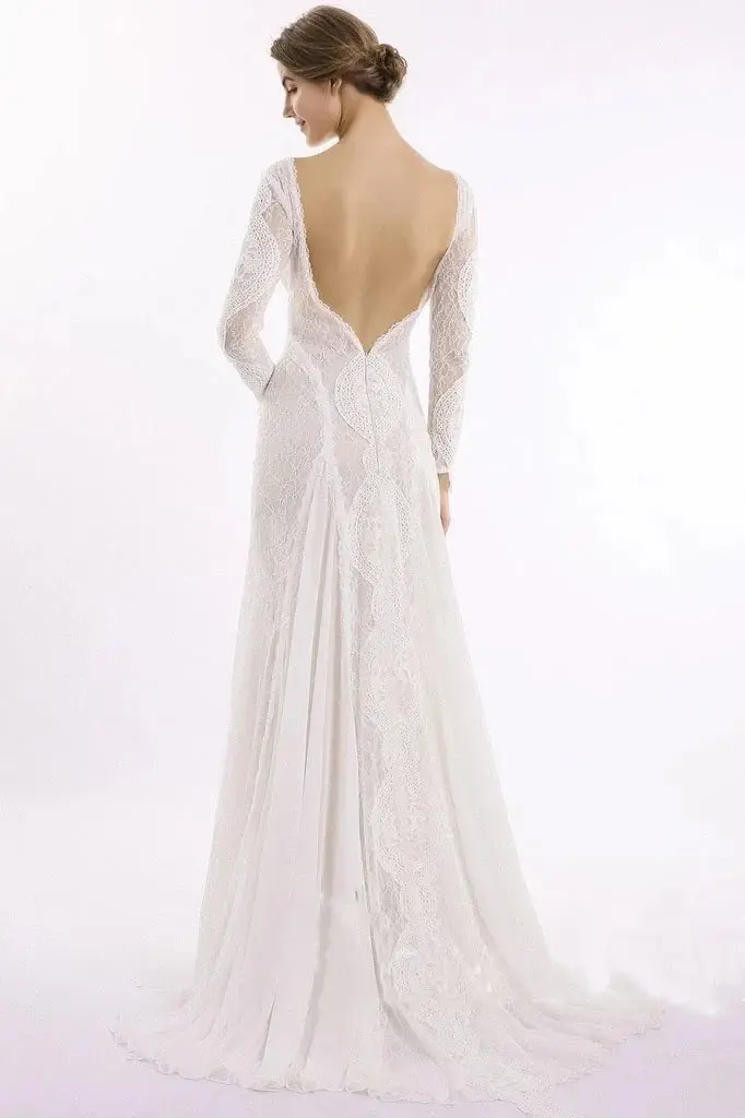 Elegant Lace Bridal Dress, Long Sleeves Backless Beach Wedding Dresses DMN91