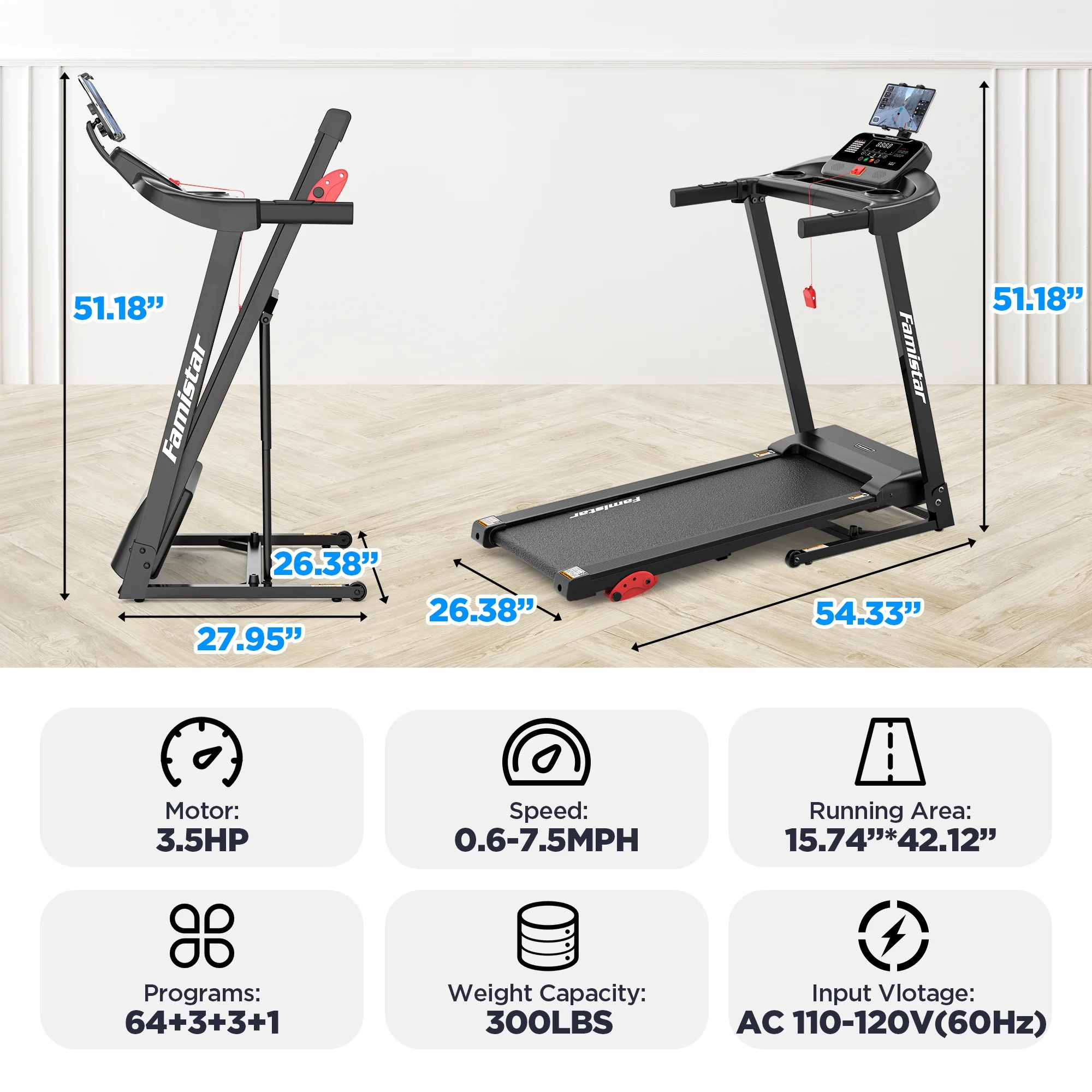 Treadmill for Home, Portable Folding Electric Exercise Treadmill with Adjustable Incline, APP Control, 64 Programs, 300 lb Capacity, 7.5MPH, Bluetooth Speakers, Running Walking Jogging, 12/23 Update - Image 4