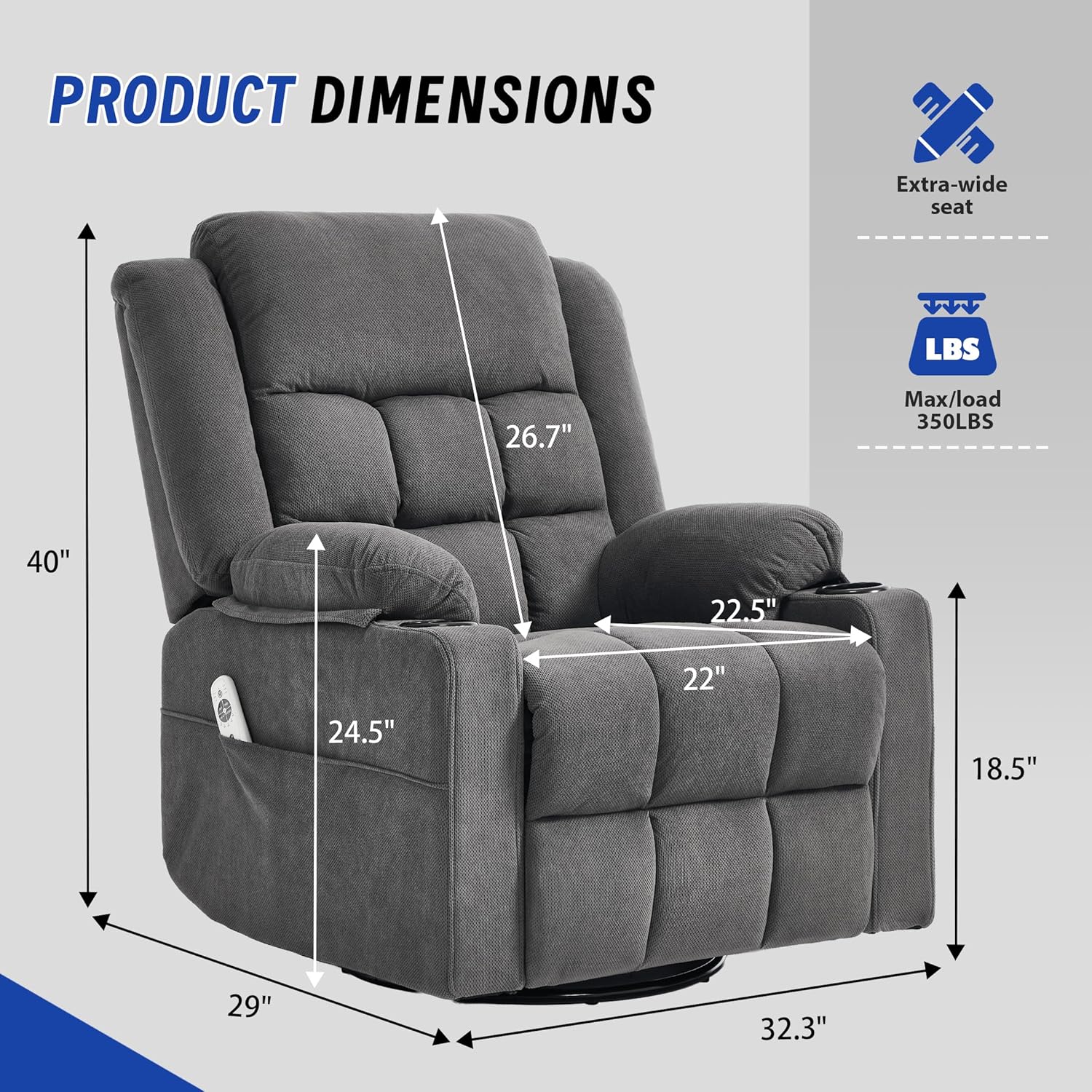 Swivel Recliner Chair for Adults with Massage and Heating,Manual Glider Rocking Recliner Chair with Cup Holds and Pockets,Reclining Rocker Chairs for Living Room Bedroom R8811 (Darkgrey)