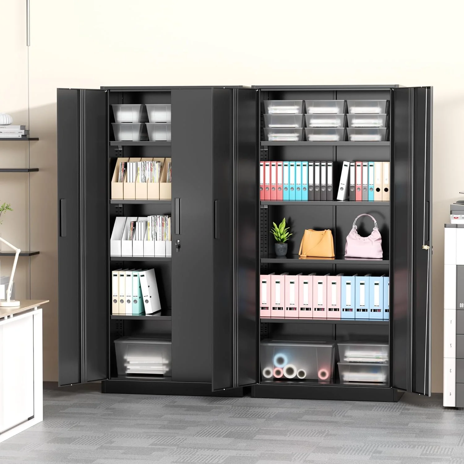 71" Metal Garage Storage Cabinet with Locking Doors and Adjustable Shelves for Home, Office(Black)(Black) Image 4