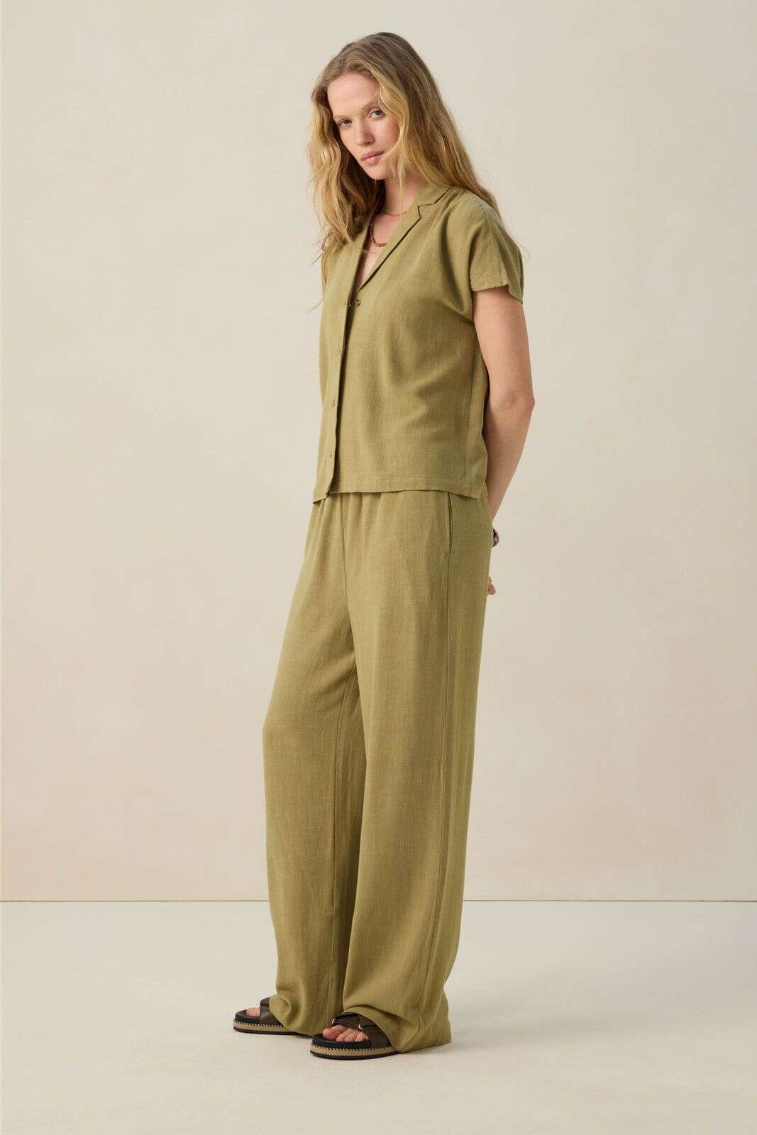 Groene linnen high waist wide leg broek