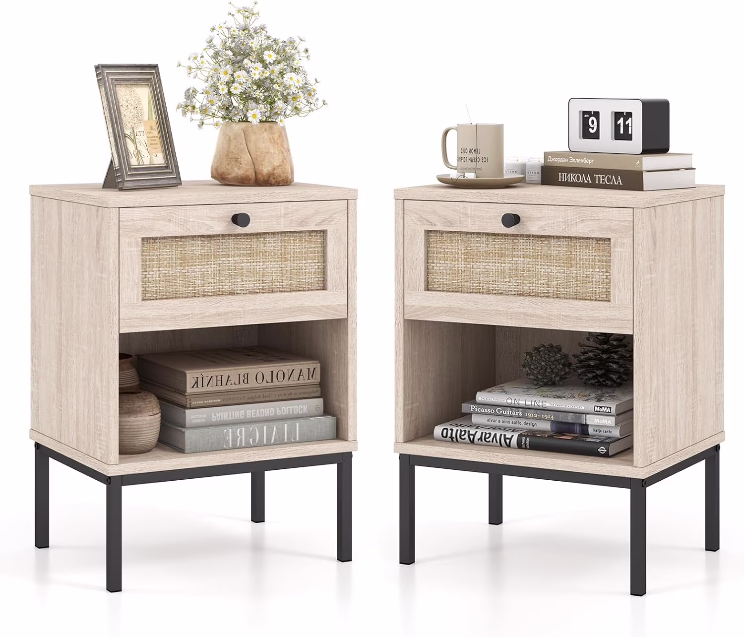Boho Rattan End Table Nightstand Set of 2 with Drawer, Open Storage Shelf, Living Room, Bedroom, Oak
