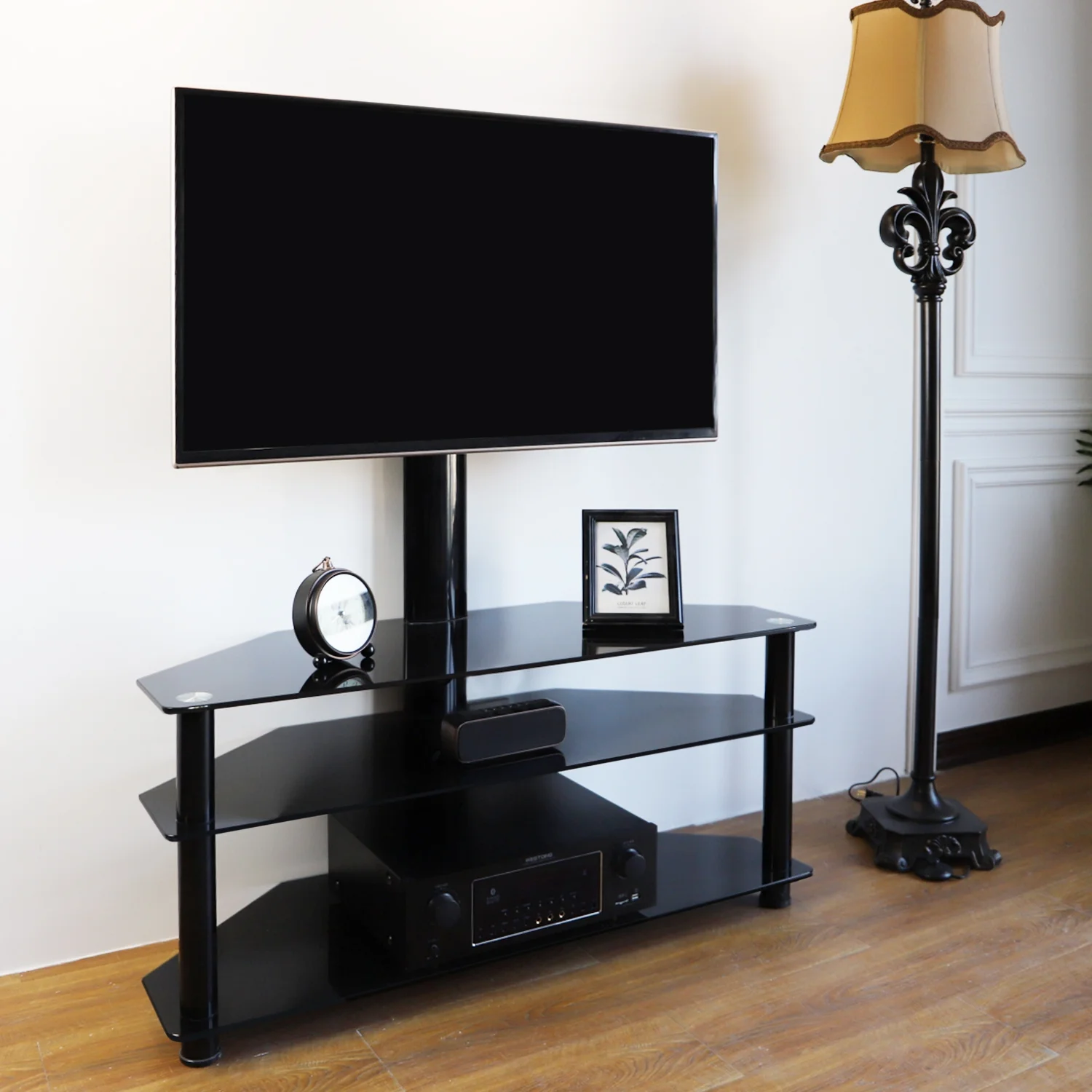 Modern 3 in 1 TV Stand with Mount for Flat Screens up to 65 inch, Black Glass Corner TV Stand for Bedroom(up to 70") - Image 9
