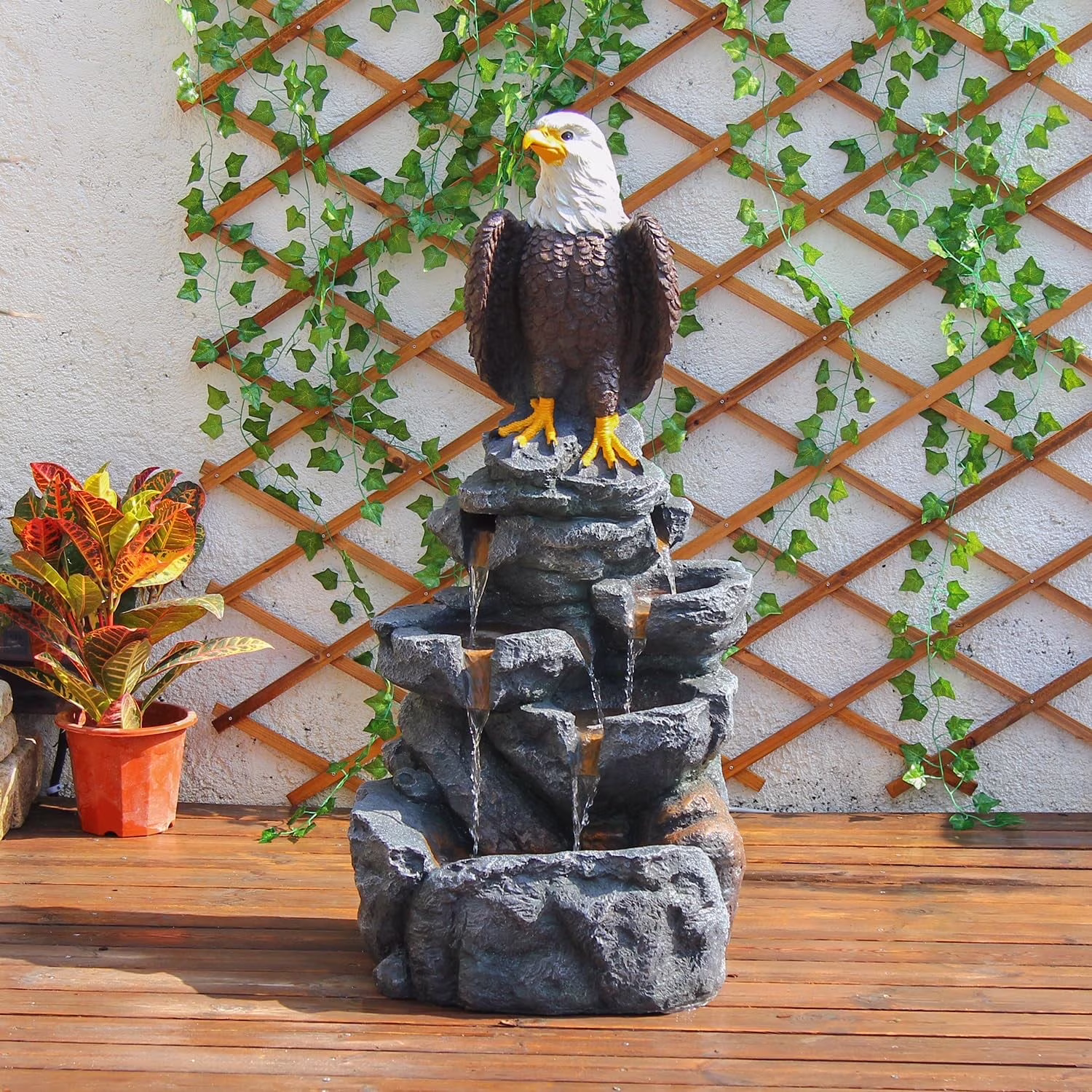 Bald Eagle Statue Outdoor Fountain Tiered Cascading Rock Water Fountain Outdoor Garden Waterfall Decor for Garden Patio Backyard Deck Porch Outside Water Feature 39.76 H