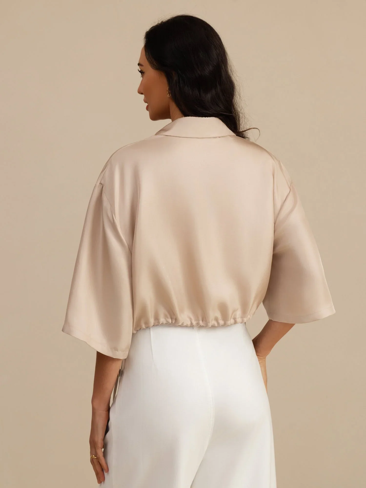 Pure Silk Women's Half Sleeve Cropped Blouse With Drawstring Hem