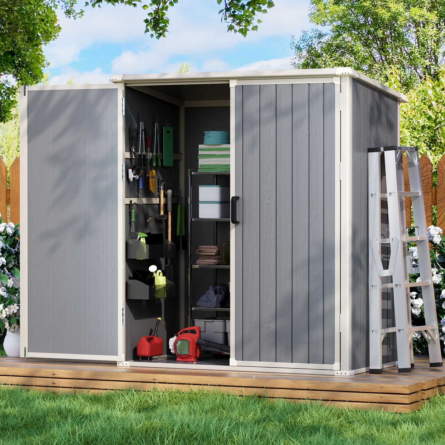 5.0' X 3.1' Resin Outdoor Shed with Base Frame, Plastic Shed with Lockable Door, for Garden, Ptaio, Backyard, Gray(Gray) - Image 9